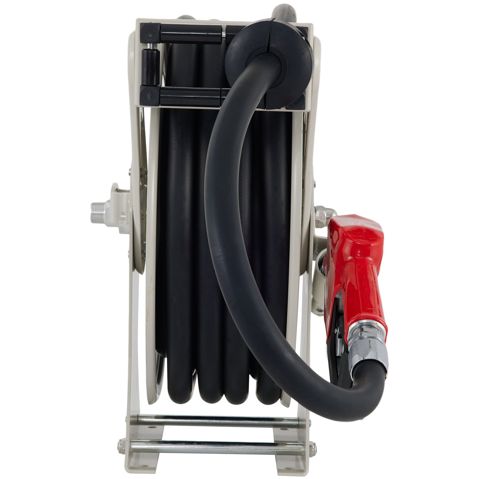 Carrete de manguera de combustible VEVOR con manguera negra y boquilla roja sobre fondo blanco.