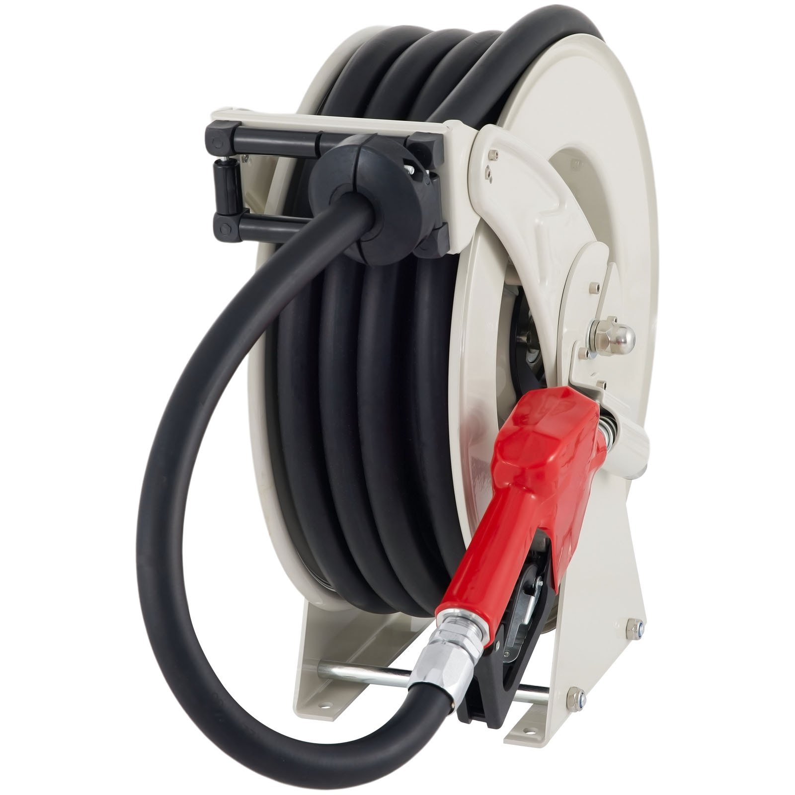 Carrete de manguera de combustible VEVOR con manguera negra y boquilla dispensadora roja sobre fondo blanco.