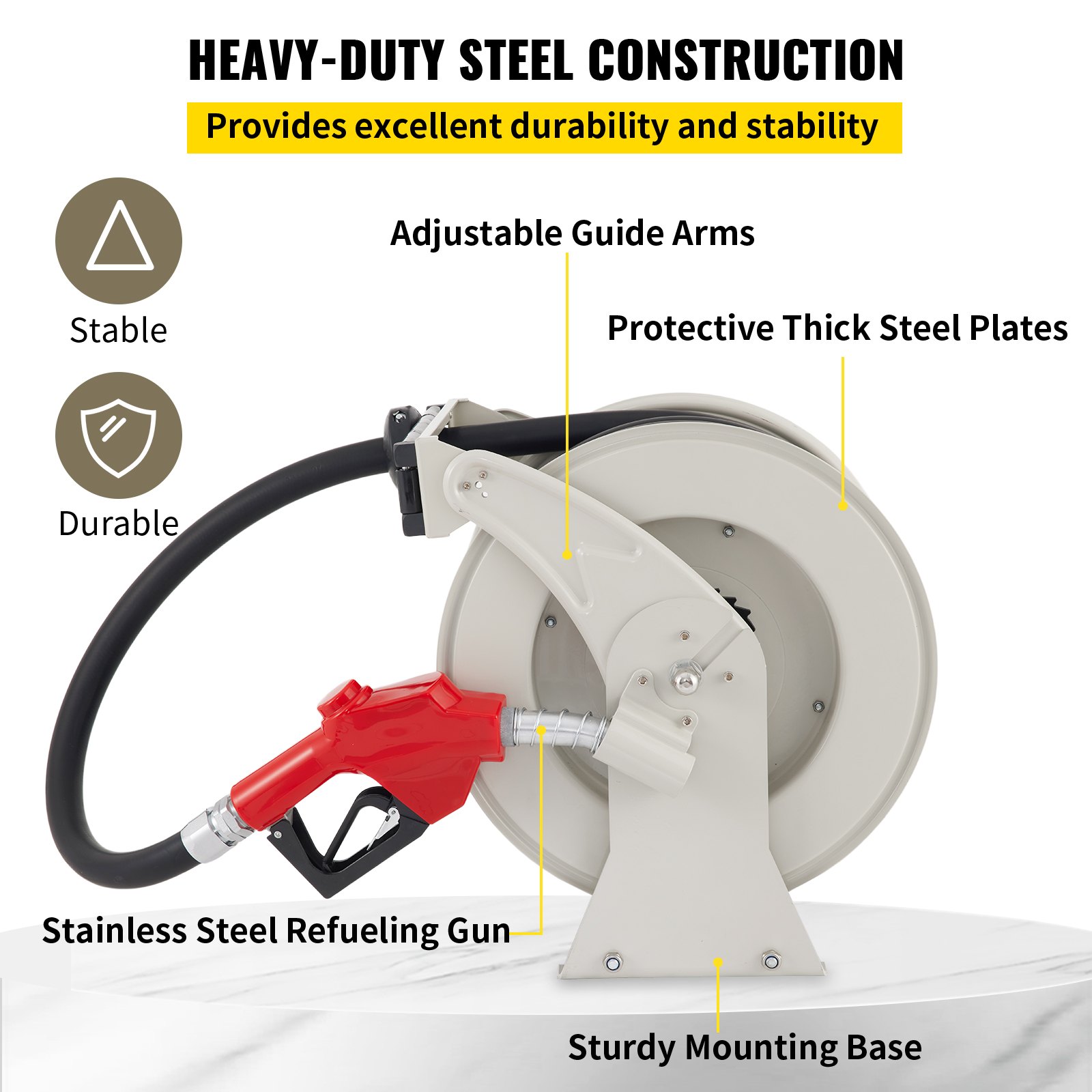 Construcción de acero resistente: carrete de manguera de combustible VEVOR con brazos guía ajustables y base de montaje resistente.