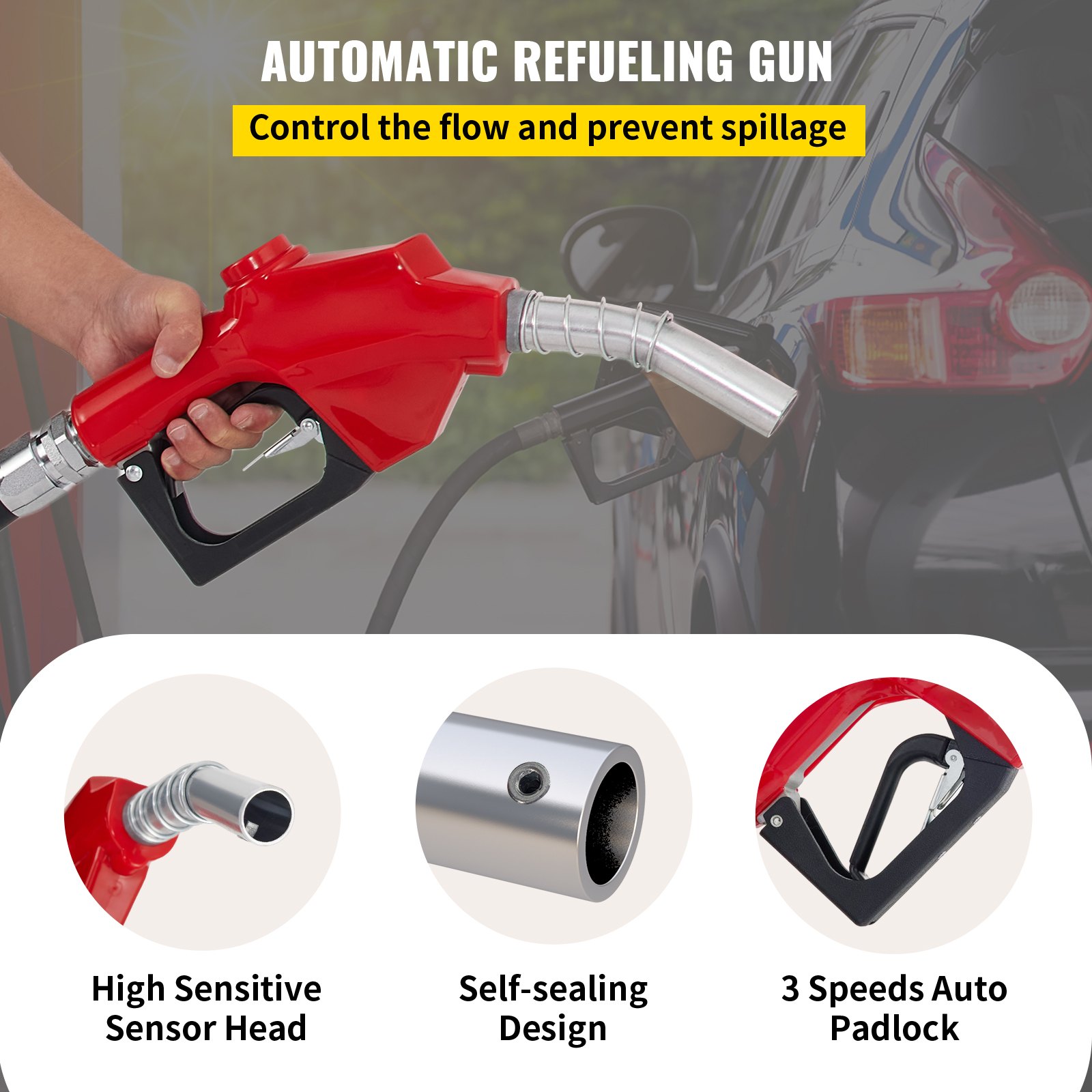 Pistola de reabastecimiento automático, cabezal de sensor de alta sensibilidad, diseño autosellado, candado automático de 3 velocidades.