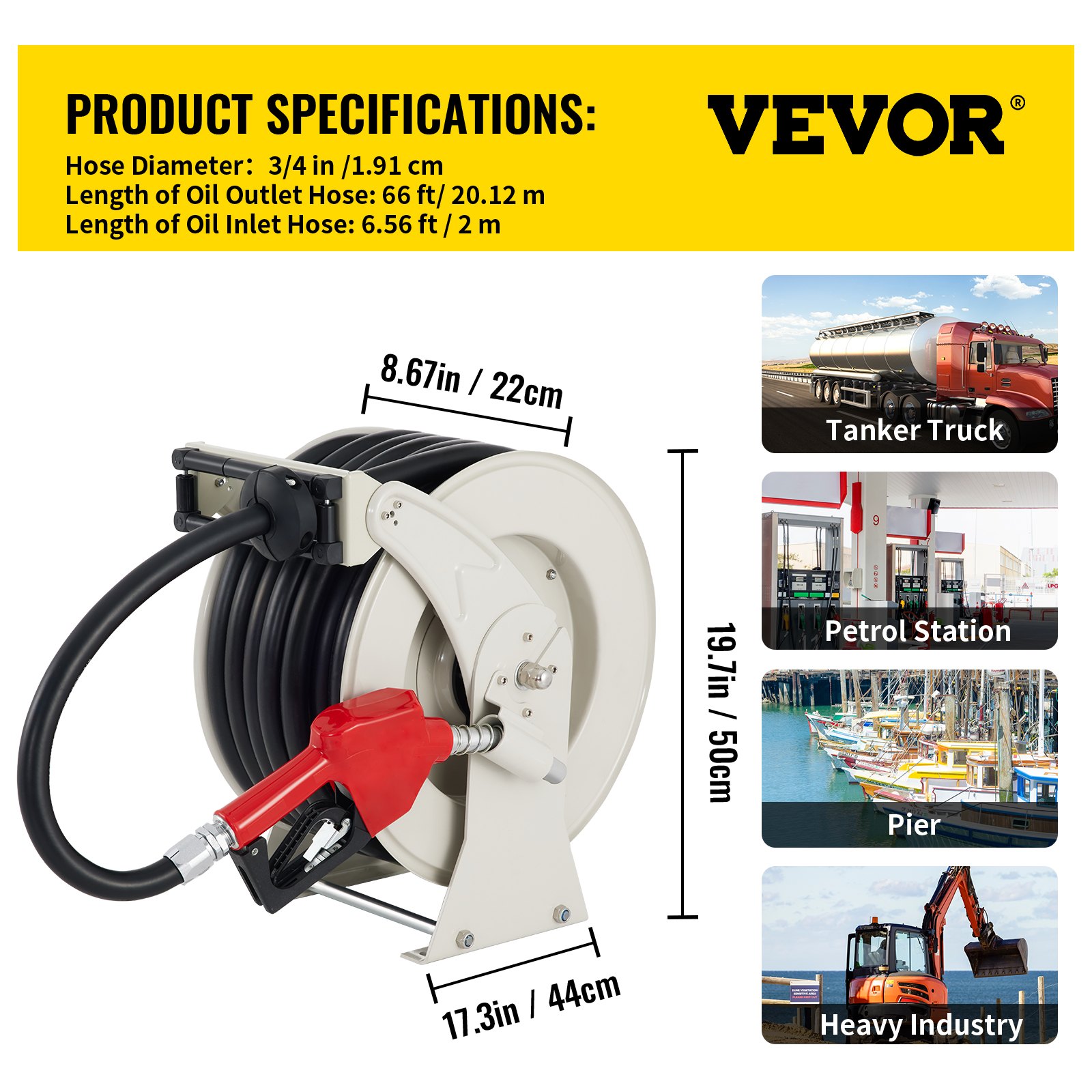 Carrete de manguera de combustible VEVOR con boquilla roja, dimensiones, camión cisterna, gasolinera, muelle, industria pesada.