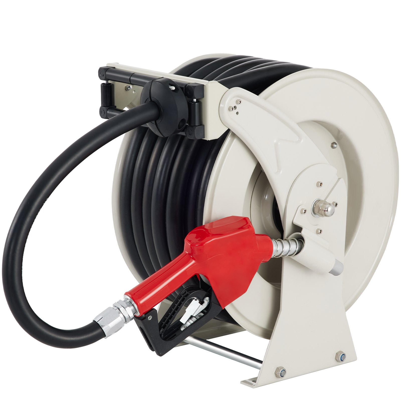 Carrete de manguera de combustible con manguera negra y mango rojo, ideal para dispensar combustible, carrete de manguera de combustible VEVOR.