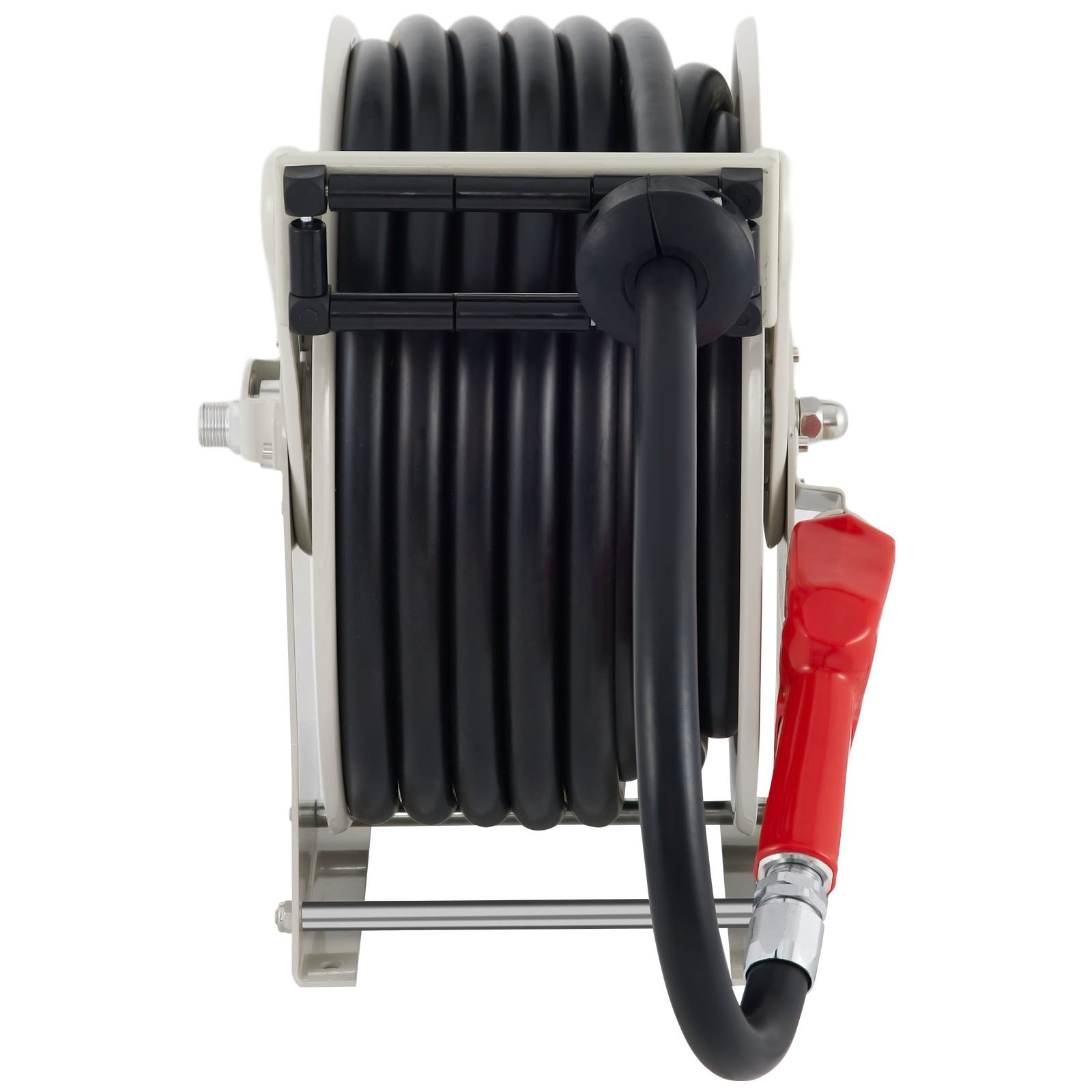 Carrete de manguera de combustible VEVOR con una manguera negra enrollada y una boquilla roja, montada en un marco blanco.