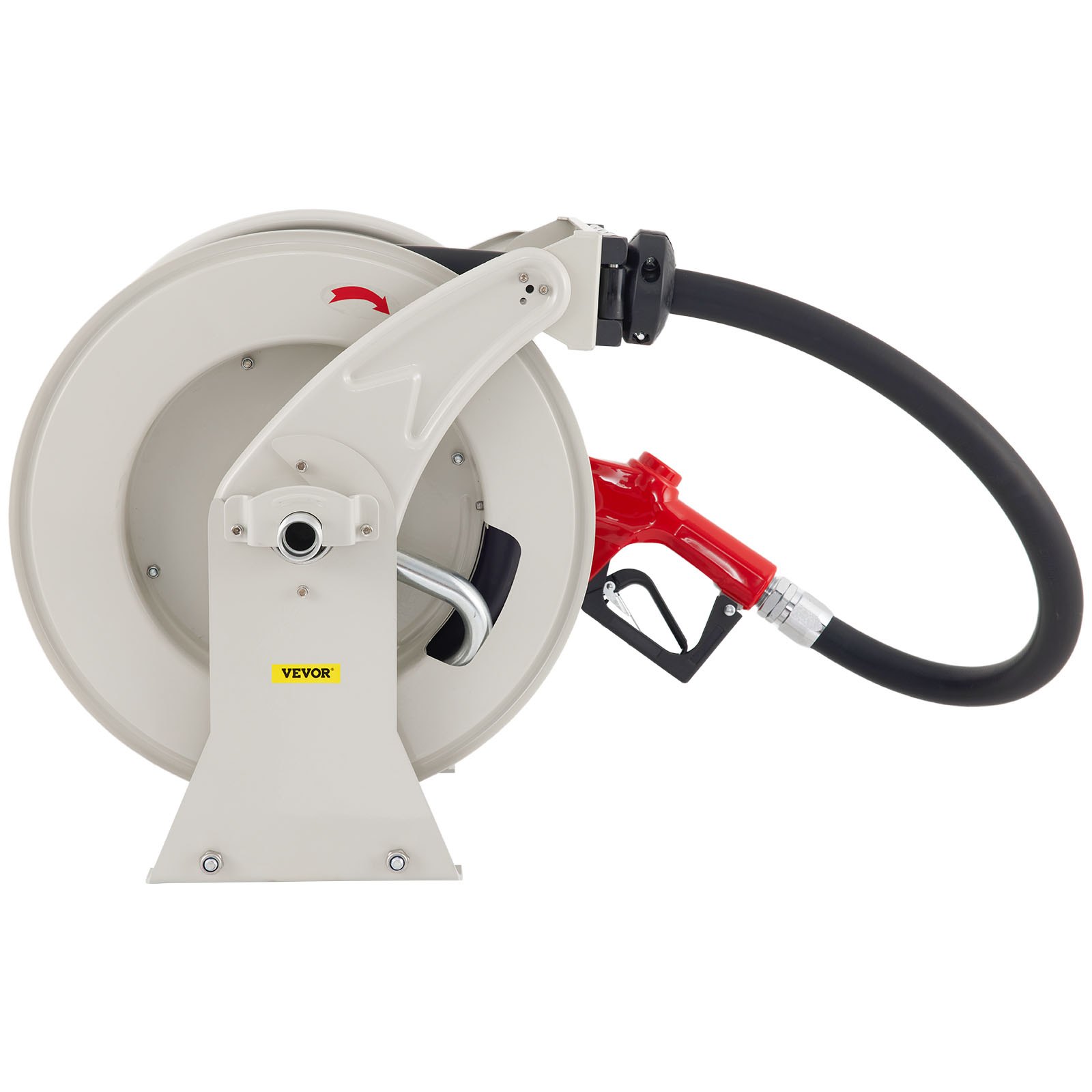 Carrete de manguera de combustible VEVOR con boquilla roja y manguera negra, montado sobre una base de metal resistente.