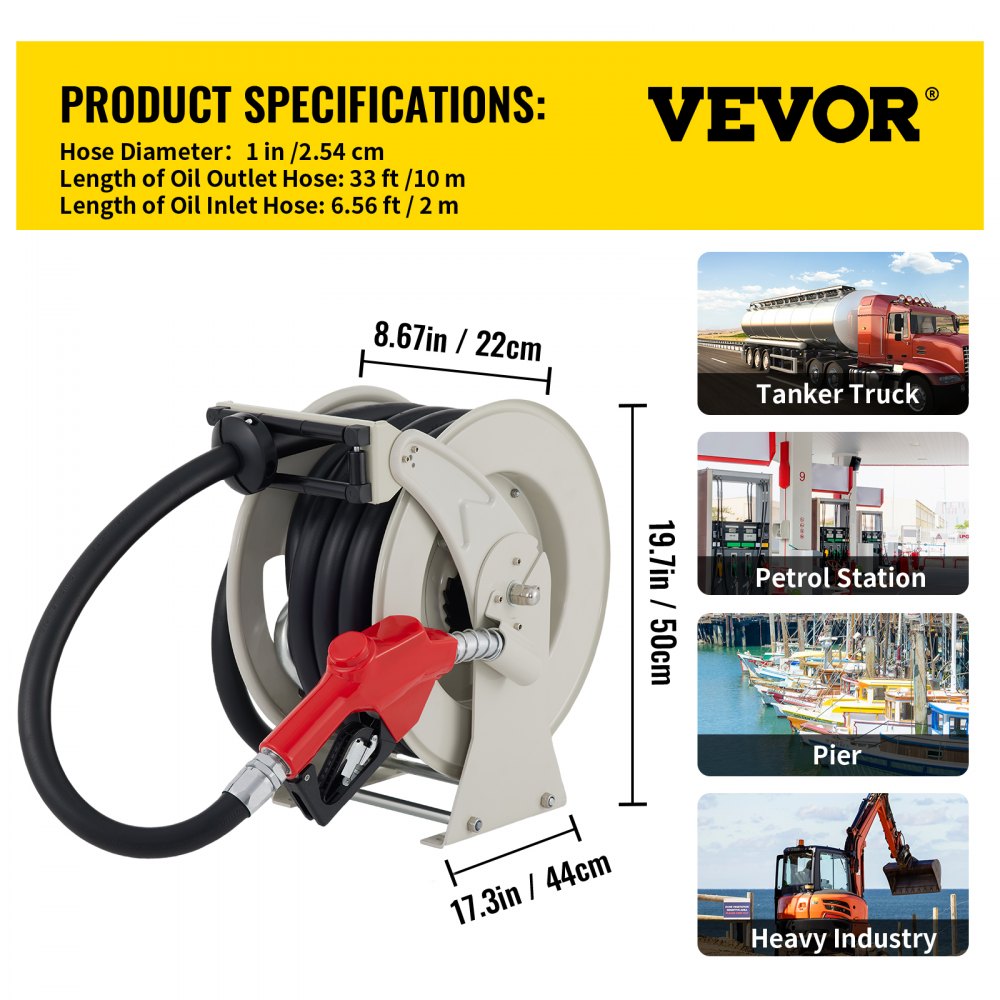 Carrete de manguera de combustible VEVOR con manguera de salida de aceite de 33 pies, adecuado para camiones cisterna, gasolineras, muelles e industria pesada.