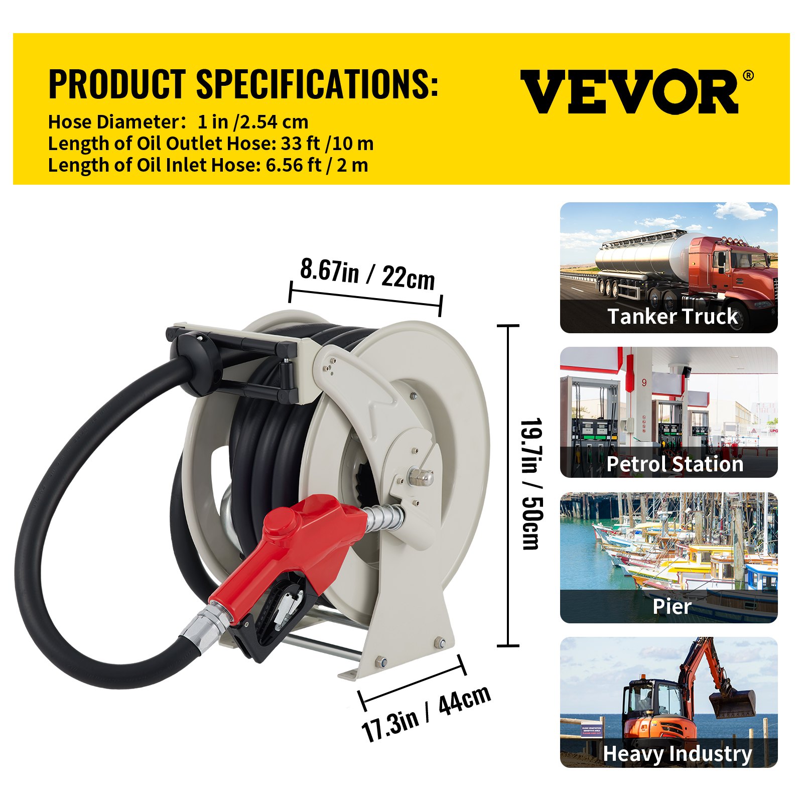 Carrete de manguera de combustible VEVOR con manguera de salida de aceite de 33 pies, adecuado para camiones cisterna, gasolineras, muelles e industria pesada.