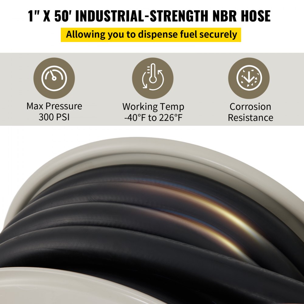 Carrete de manguera de combustible VEVOR: manguera NBR industrial de 1&quot; x 50&#039;, presión máxima de 300 psi, -40 °F a 226 °F, resistente a la corrosión.