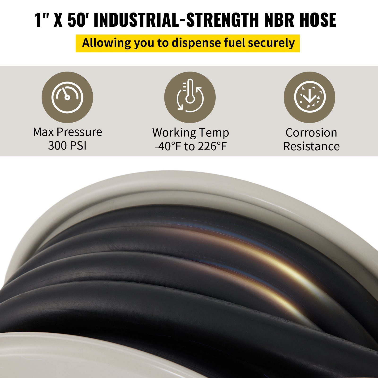 Carrete de manguera de combustible VEVOR: manguera NBR industrial de 1&quot; x 50&#039;, presión máxima de 300 psi, -40 °F a 226 °F, resistente a la corrosión.