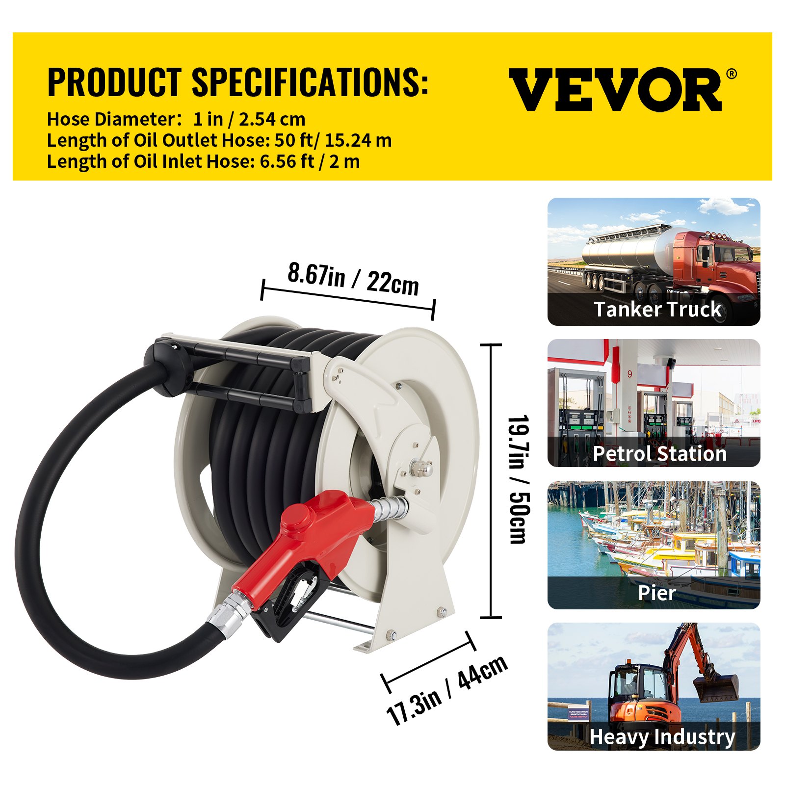 Enrollador de manguera de combustible VEVOR con dimensiones y aplicaciones para camiones cisterna, gasolineras, muelles e industria pesada.