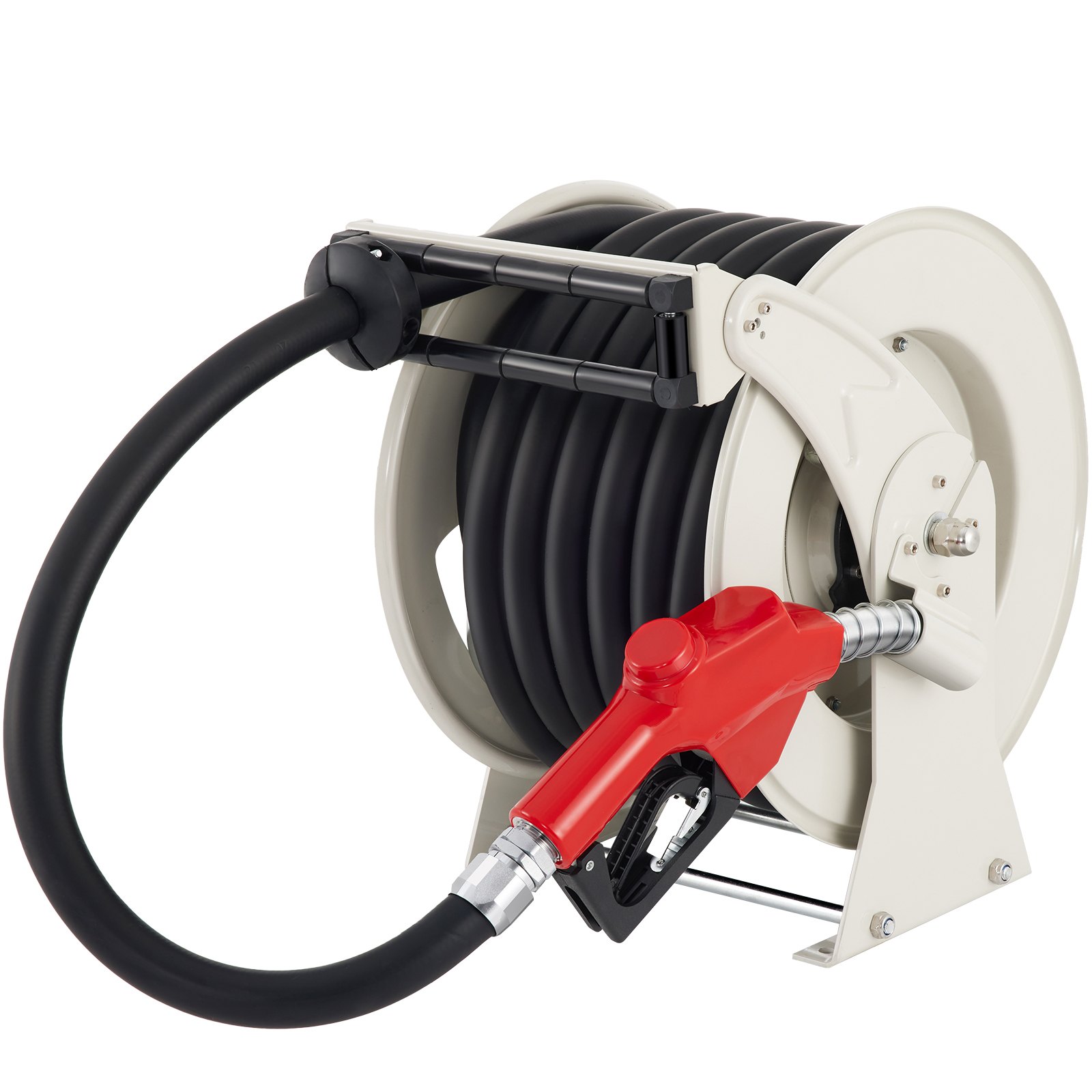 Carrete de manguera de combustible VEVOR con manguera negra y boquilla de combustible roja en un carrete blanco.