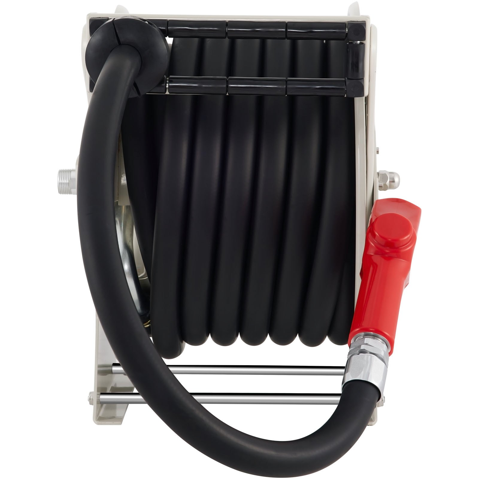 Carrete de manguera de combustible VEVOR con manguera negra enrollada y boquilla roja, vista frontal.