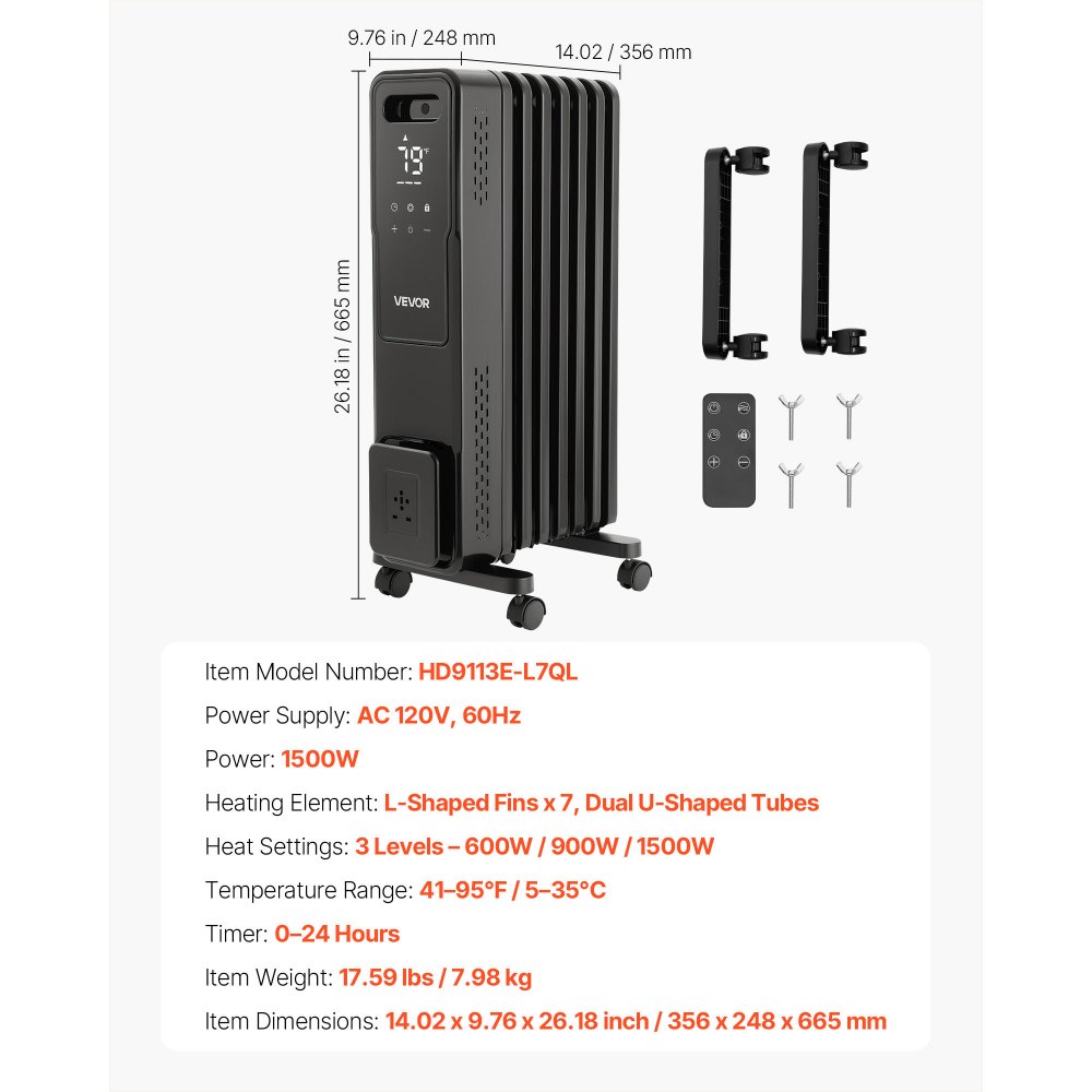 VEVOR Electric Oil Filled Radiator, 1500W Radiant Space Heater with Dual U-shaped Heating Tubes, Over-Heat Protections,3 Heat Settings,24h Timer, Flexible Casters, Remote Control for Indoor,Black