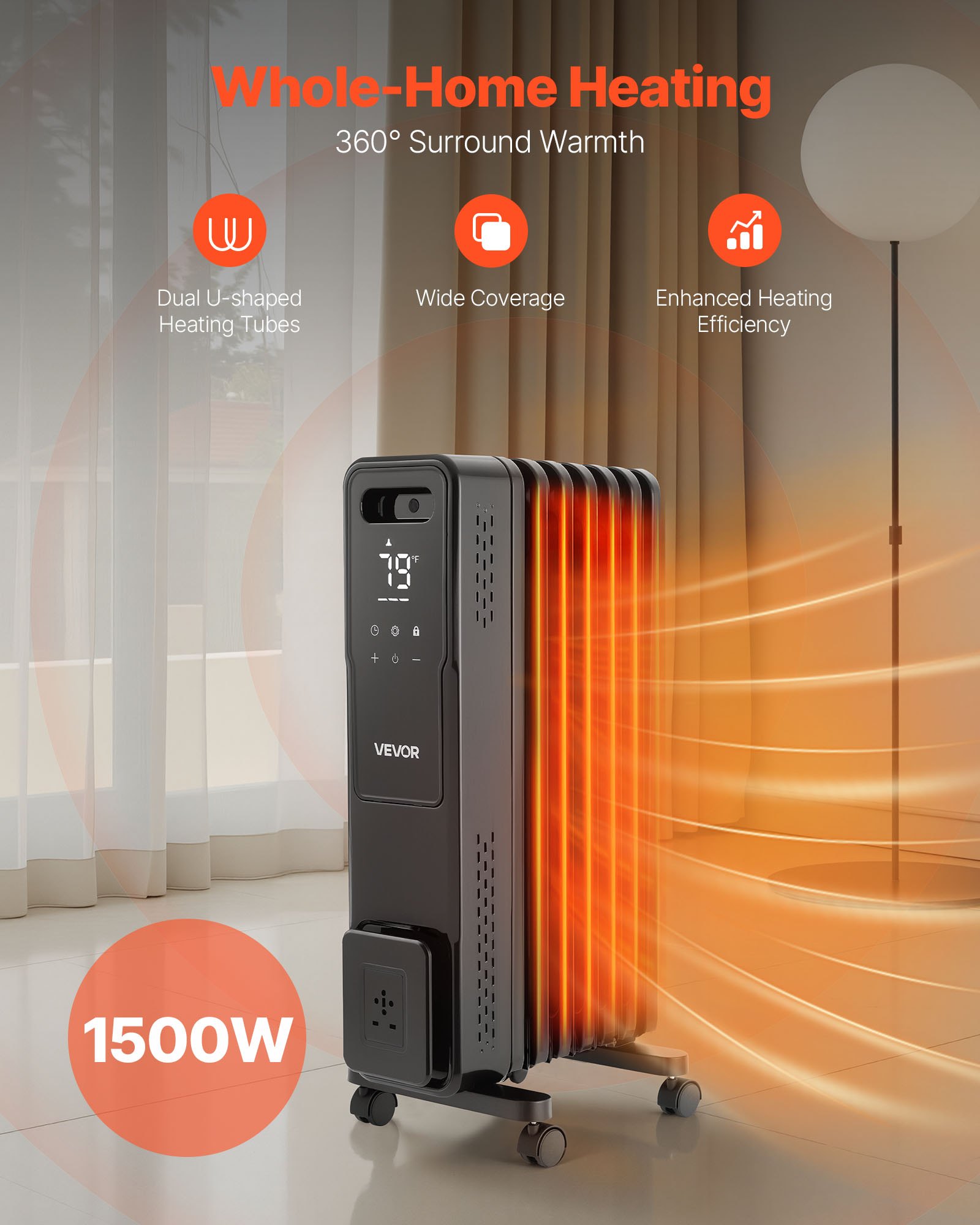 VEVOR Electric Oil Filled Radiator, 1500W Radiant Space Heater with Dual U-shaped Heating Tubes, Over-Heat Protections,3 Heat Settings,24h Timer, Flexible Casters, Remote Control for Indoor,Black