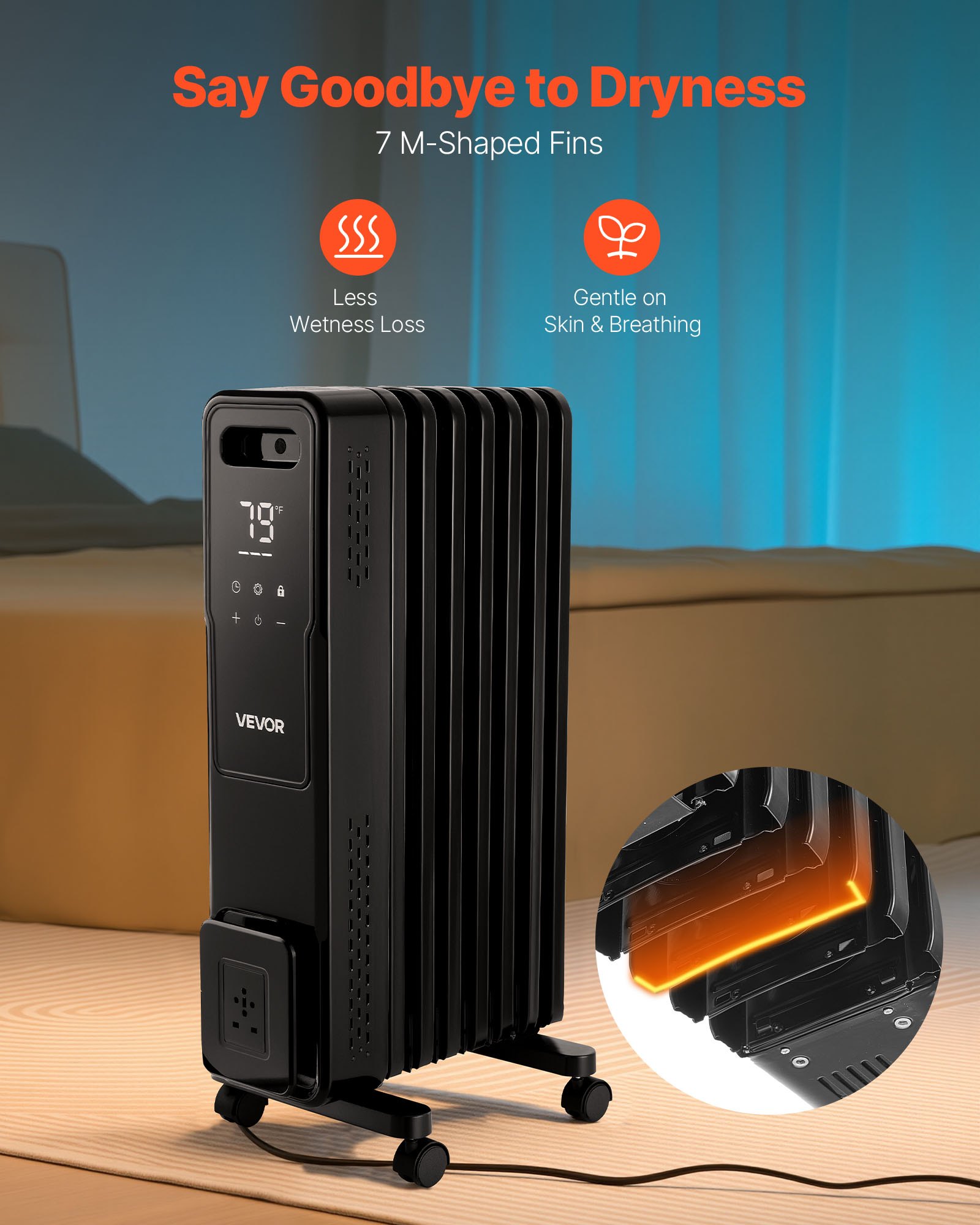 VEVOR Electric Oil Filled Radiator, 1500W Radiant Space Heater with Dual U-shaped Heating Tubes, Over-Heat Protections,3 Heat Settings,24h Timer, Flexible Casters, Remote Control for Indoor,Black