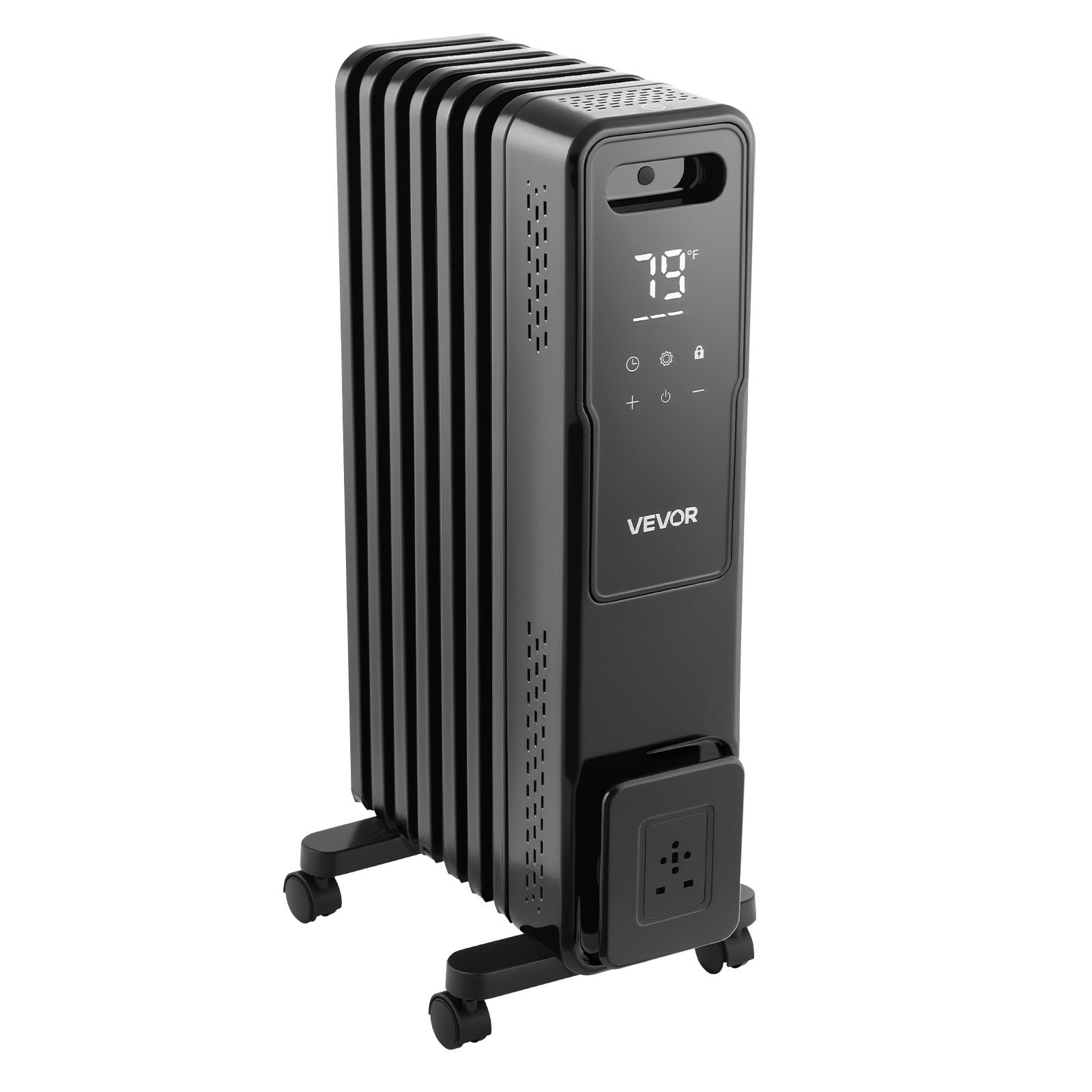 VEVOR Electric Oil Filled Radiator, 1500W Radiant Space Heater with Dual U-shaped Heating Tubes, Over-Heat Protections,3 Heat Settings,24h Timer, Flexible Casters, Remote Control for Indoor,Black