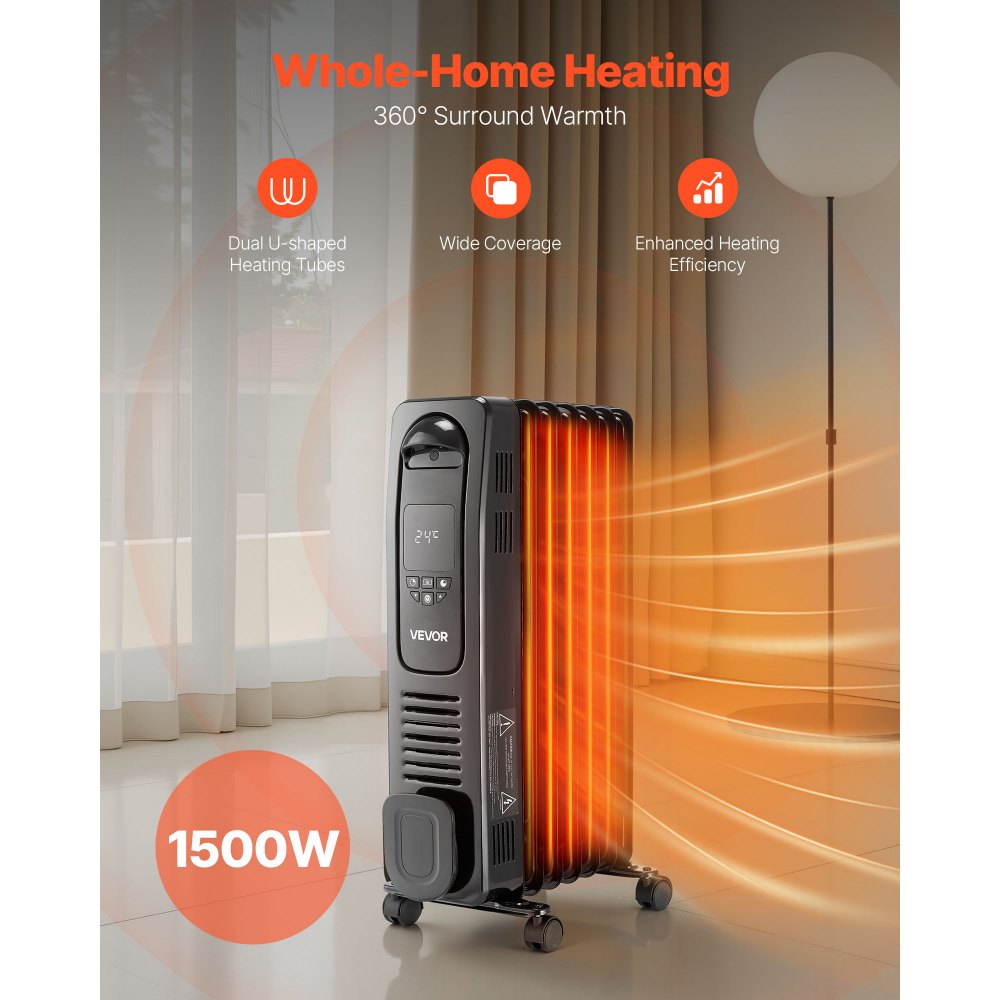 VEVOR Electric Oil Filled Radiator, 1500W Radiant Space Heater with LED Screen, Over-Heat Protections,24h Timer, Portable Handle Casters, Thermostat,Remote Control for Indoor Use,Black