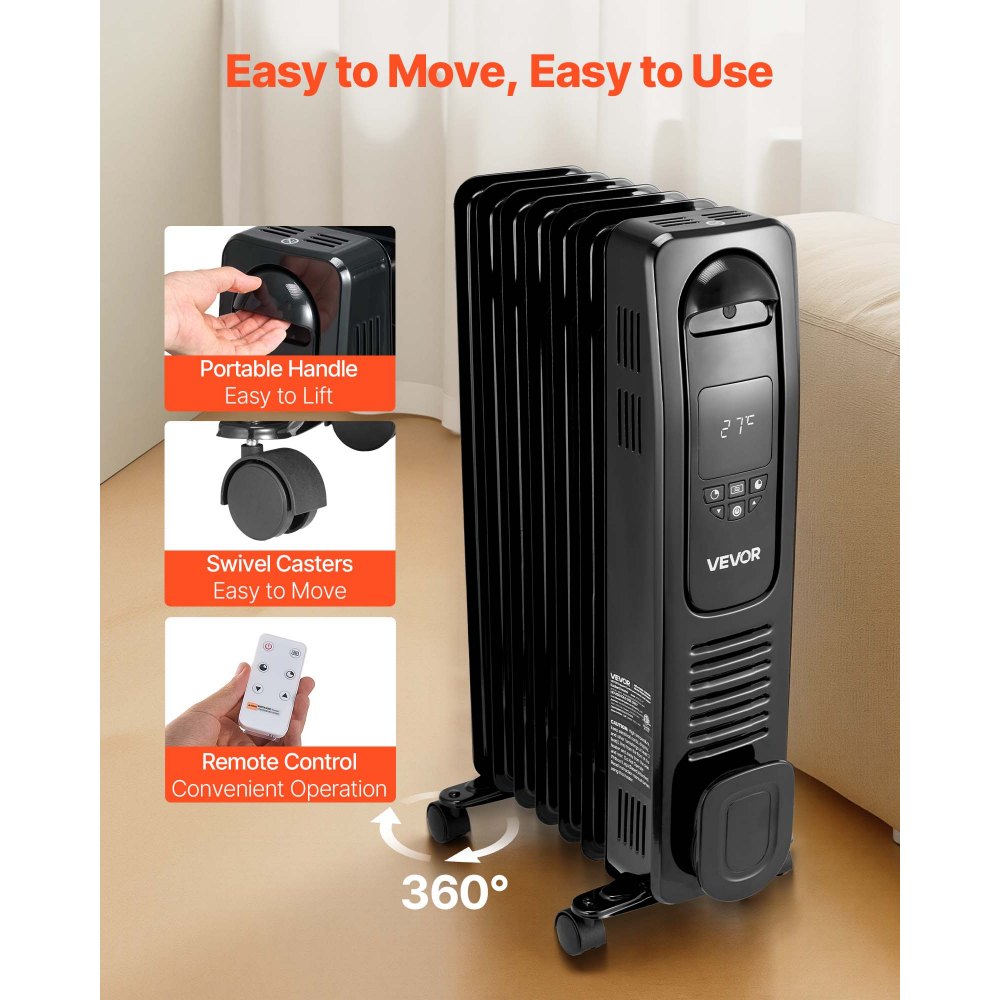 VEVOR Electric Oil Filled Radiator, 1500W Radiant Space Heater with LED Screen, Over-Heat Protections,24h Timer, Portable Handle Casters, Thermostat,Remote Control for Indoor Use,Black