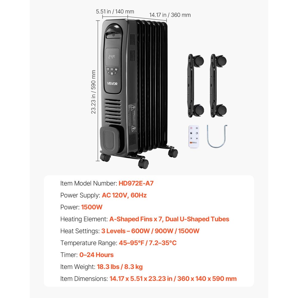 VEVOR Electric Oil Filled Radiator, 1500W Radiant Space Heater with LED Screen, Over-Heat Protections,24h Timer, Portable Handle Casters, Thermostat,Remote Control for Indoor Use,Black