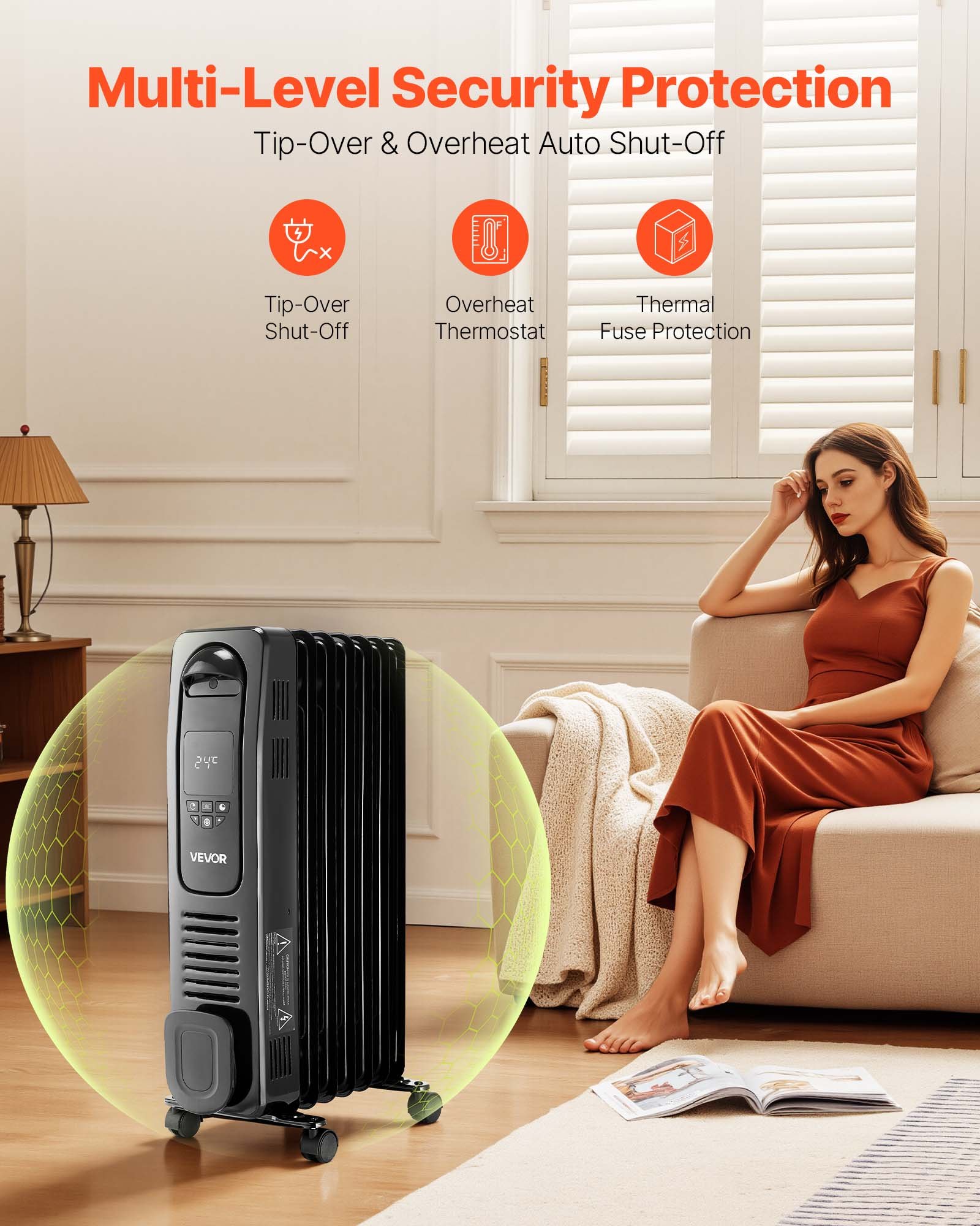 VEVOR Electric Oil Filled Radiator, 1500W Radiant Space Heater with LED Screen, Over-Heat Protections,24h Timer, Portable Handle Casters, Thermostat,Remote Control for Indoor Use,Black