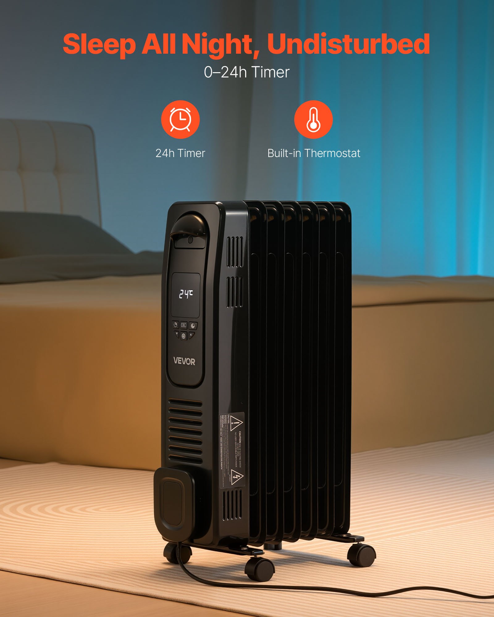 VEVOR Electric Oil Filled Radiator, 1500W Radiant Space Heater with LED Screen, Over-Heat Protections,24h Timer, Portable Handle Casters, Thermostat,Remote Control for Indoor Use,Black