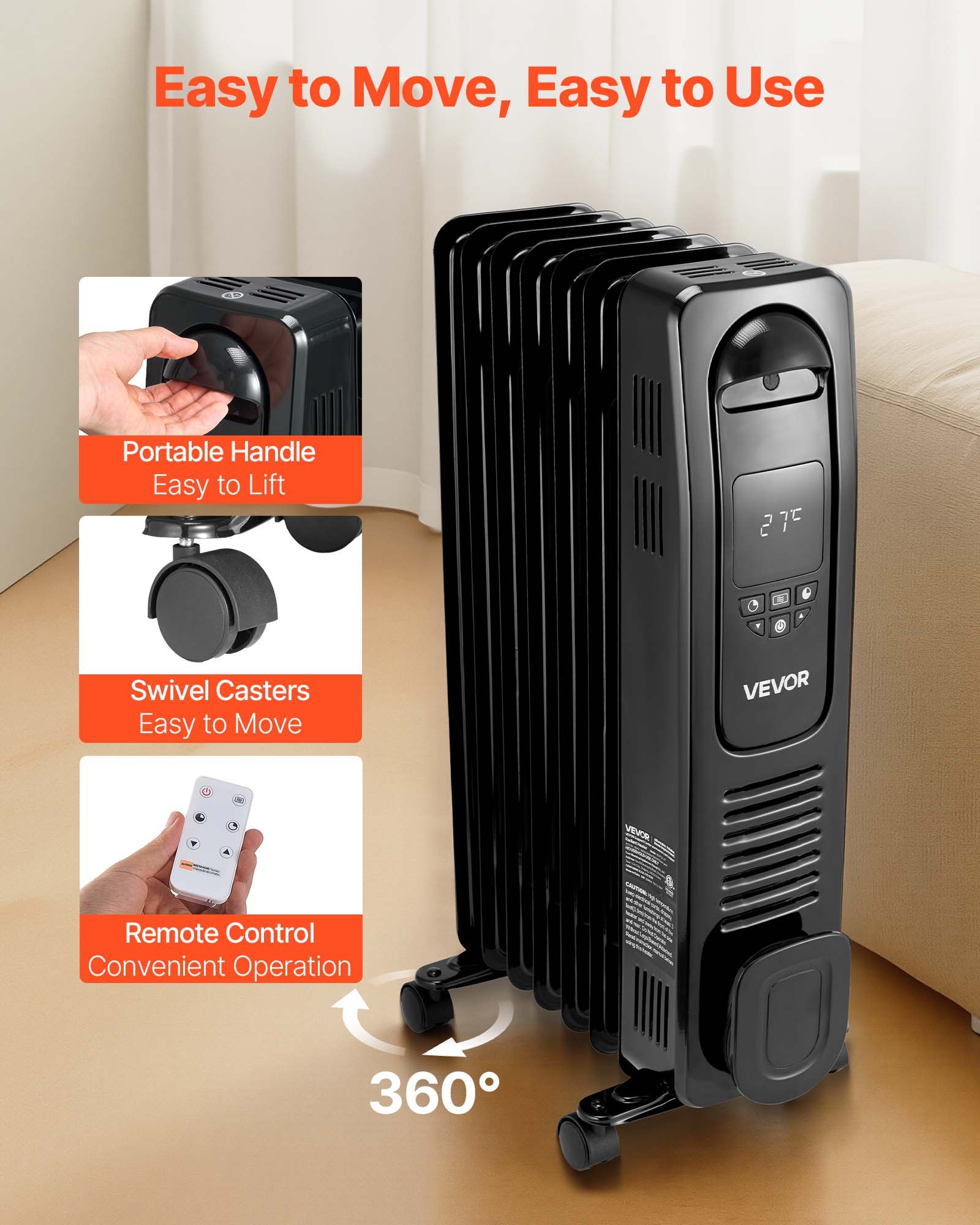 VEVOR Electric Oil Filled Radiator, 1500W Radiant Space Heater with LED Screen, Over-Heat Protections,24h Timer, Portable Handle Casters, Thermostat,Remote Control for Indoor Use,Black