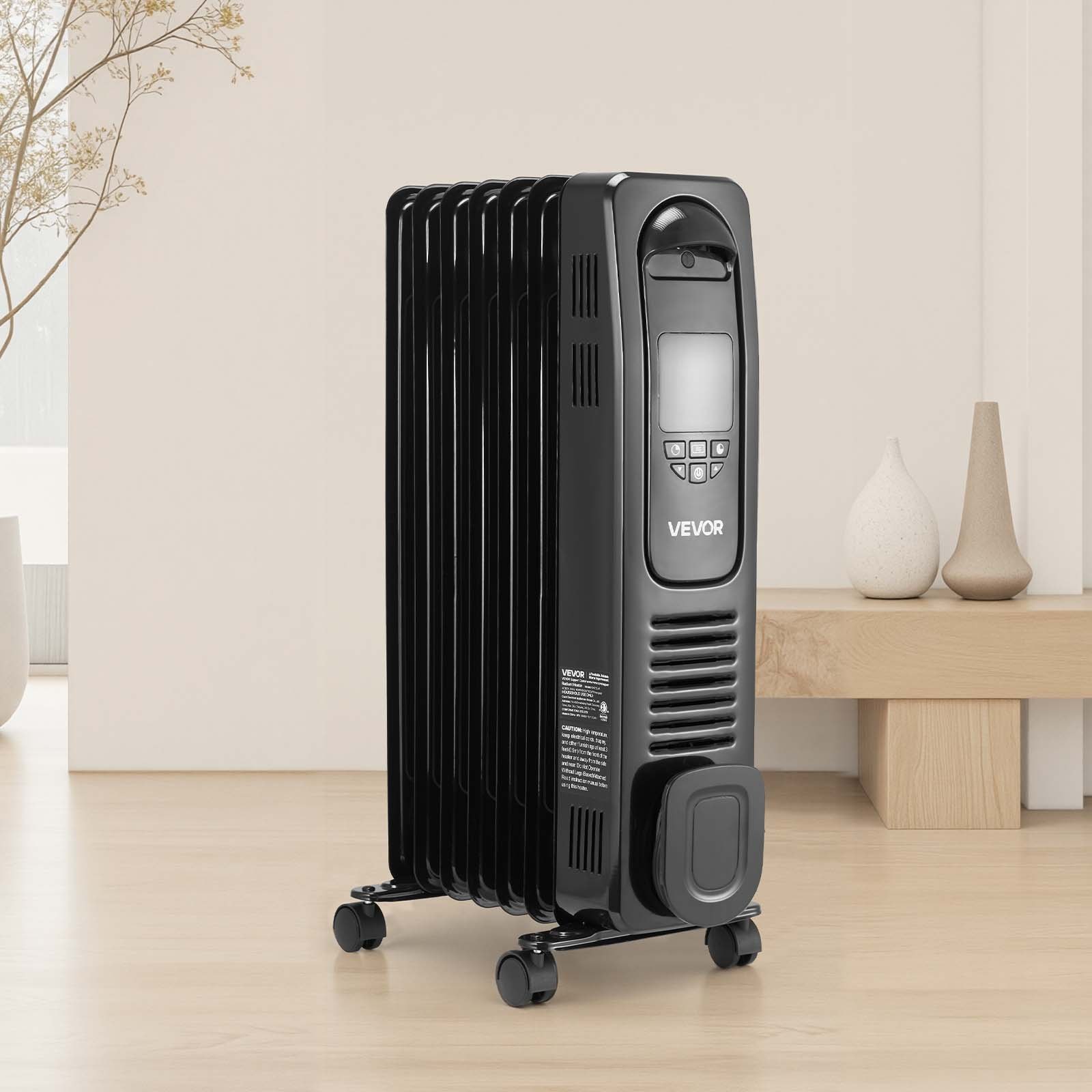 VEVOR Electric Oil Filled Radiator, 1500W Radiant Space Heater with LED Screen, Over-Heat Protections,24h Timer, Portable Handle Casters, Thermostat,Remote Control for Indoor Use,Black