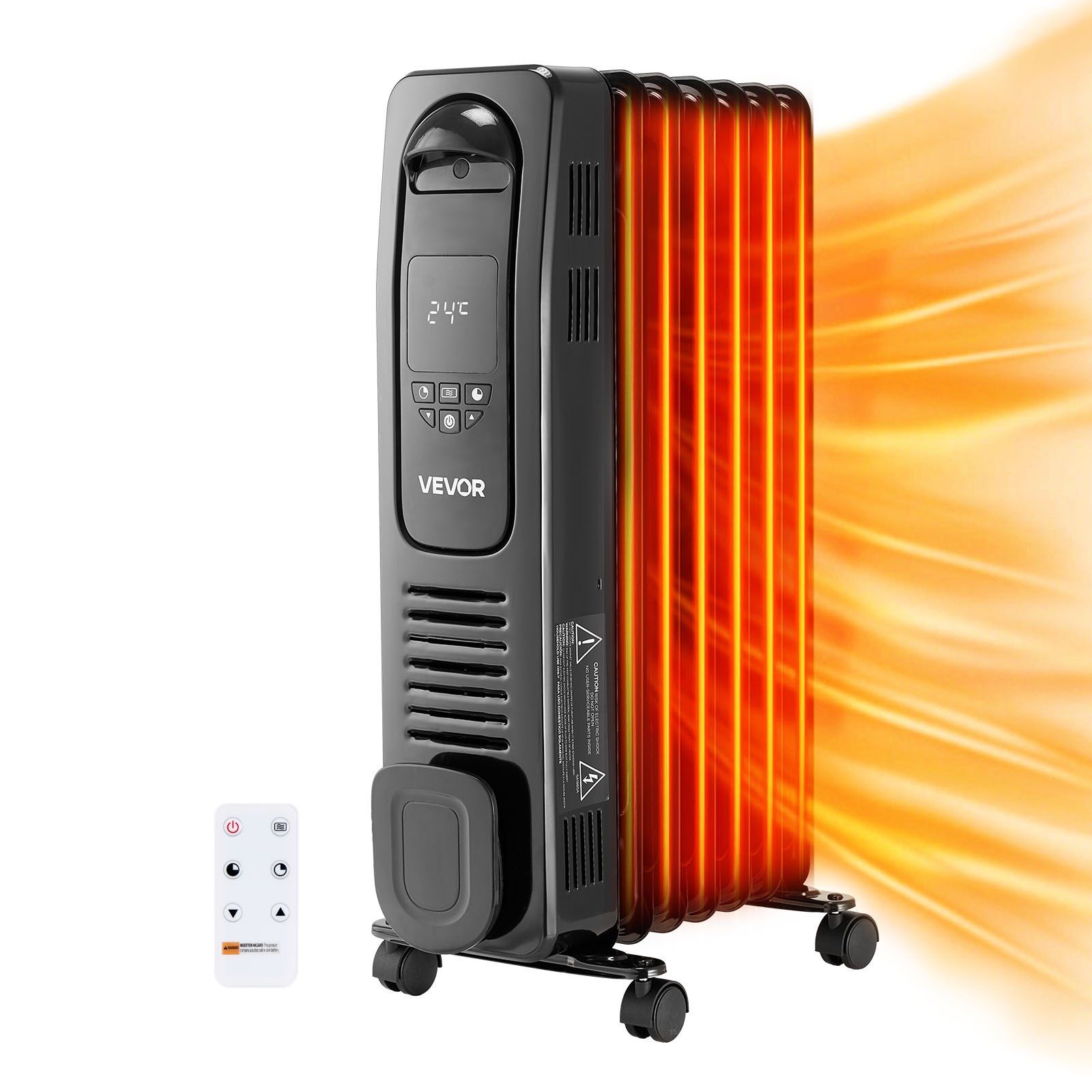 VEVOR Electric Oil Filled Radiator, 1500W Radiant Space Heater with LED Screen, Over-Heat Protections,24h Timer, Portable Handle Casters, Thermostat,Remote Control for Indoor Use,Black