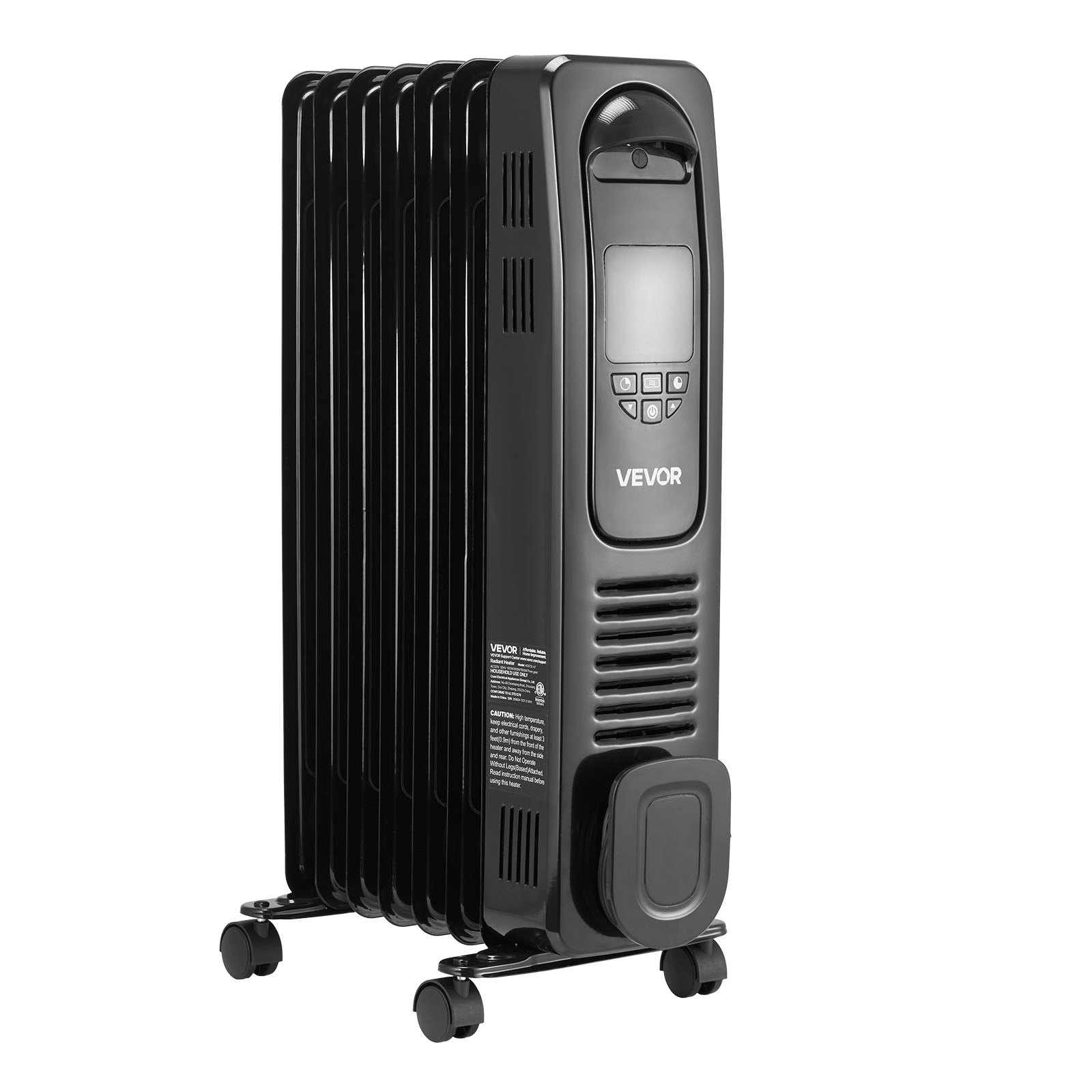 VEVOR Electric Oil Filled Radiator, 1500W Radiant Space Heater with LED Screen, Over-Heat Protections,24h Timer, Portable Handle Casters, Thermostat,Remote Control for Indoor Use,Black