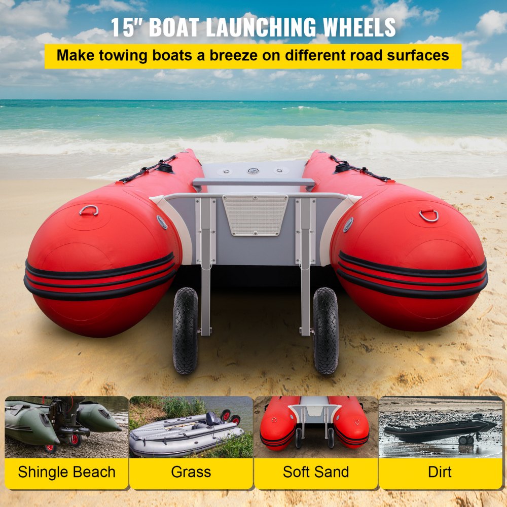 Embarcación inflable con ruedas de lanzamiento de embarcación VEVOR en playa de arena.