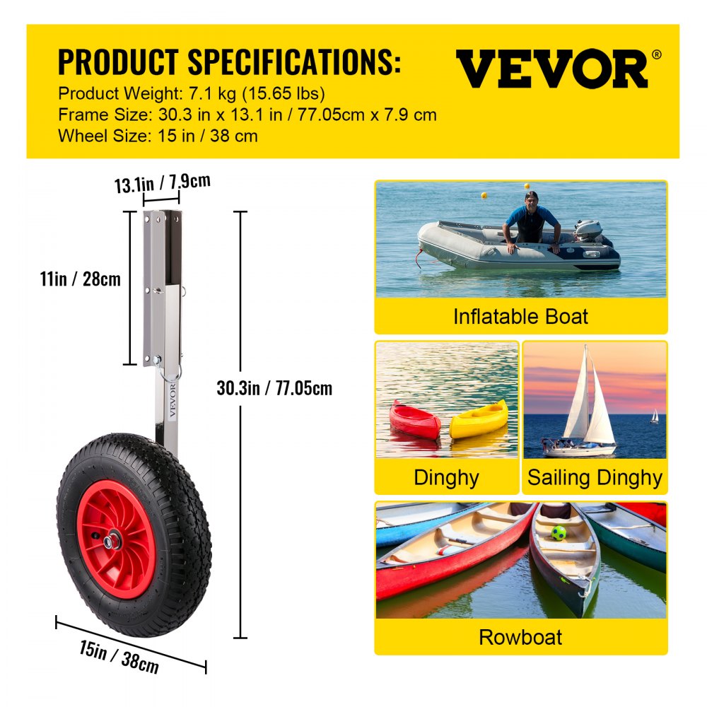 Dimensiones de las ruedas de lanzamiento de embarcaciones VEVOR y tipos de embarcaciones compatibles: inflable, bote auxiliar, velero, bote de remos.