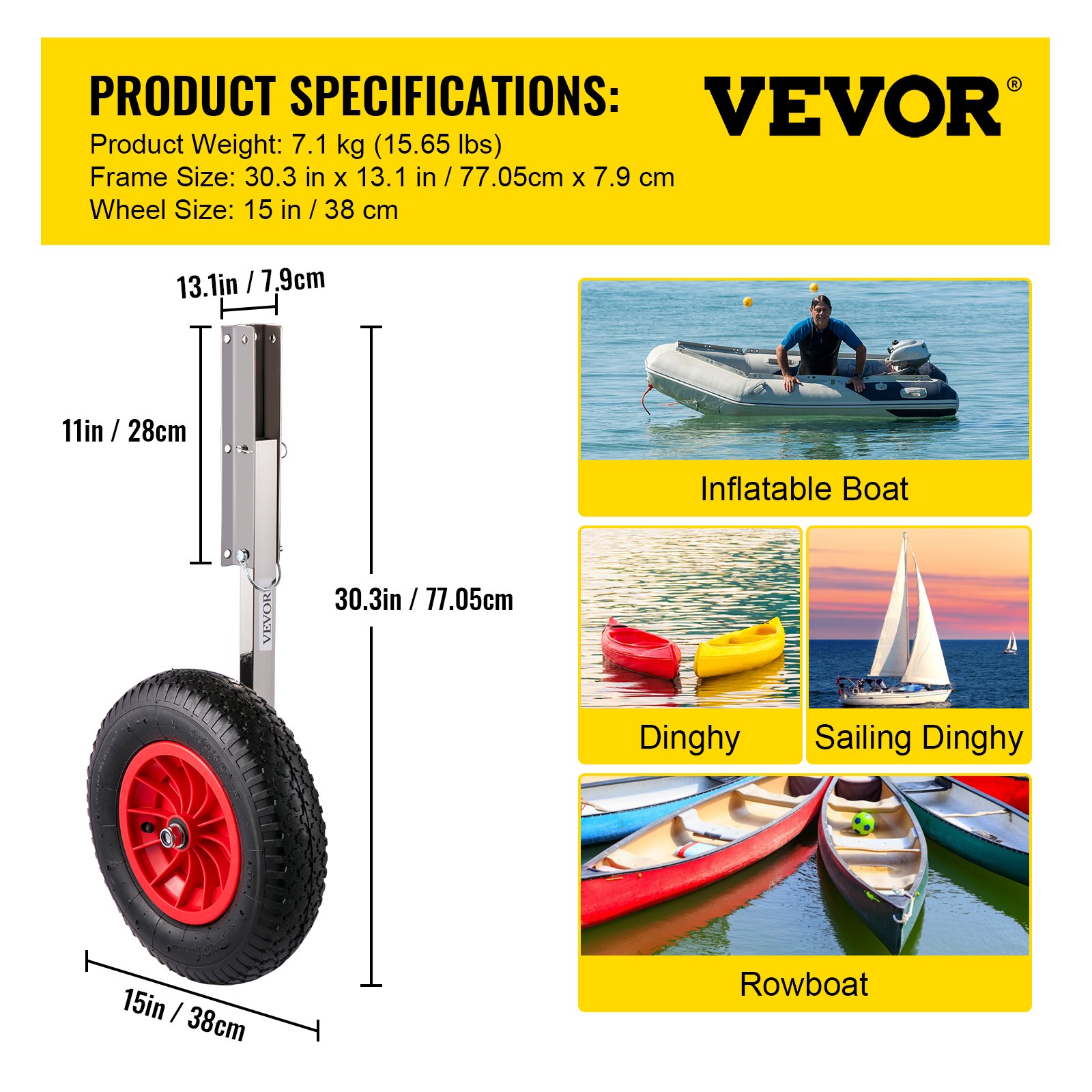 Dimensiones de las ruedas de lanzamiento de embarcaciones VEVOR y tipos de embarcaciones compatibles: inflable, bote auxiliar, velero, bote de remos.