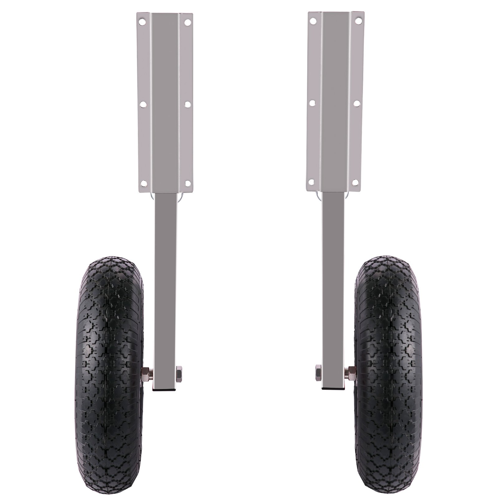 Ruedas de lanzamiento de barco VEVOR montadas en soportes de metal con neumáticos de goma negra.