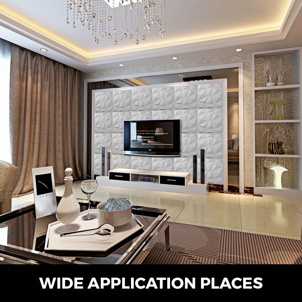 Sala de estar moderna con paneles de pared 3D VEVOR, televisor de pantalla plana y decoración elegante.
