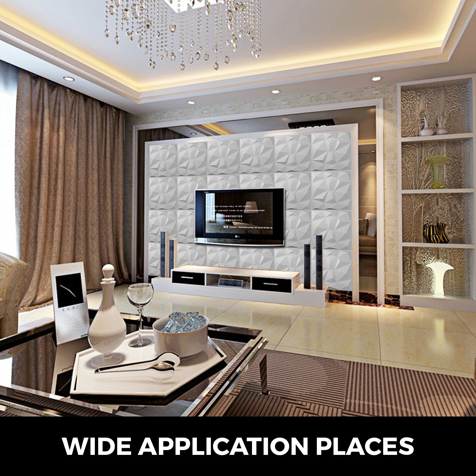 Sala de estar moderna con paneles de pared 3D VEVOR, televisor de pantalla plana y decoración elegante.