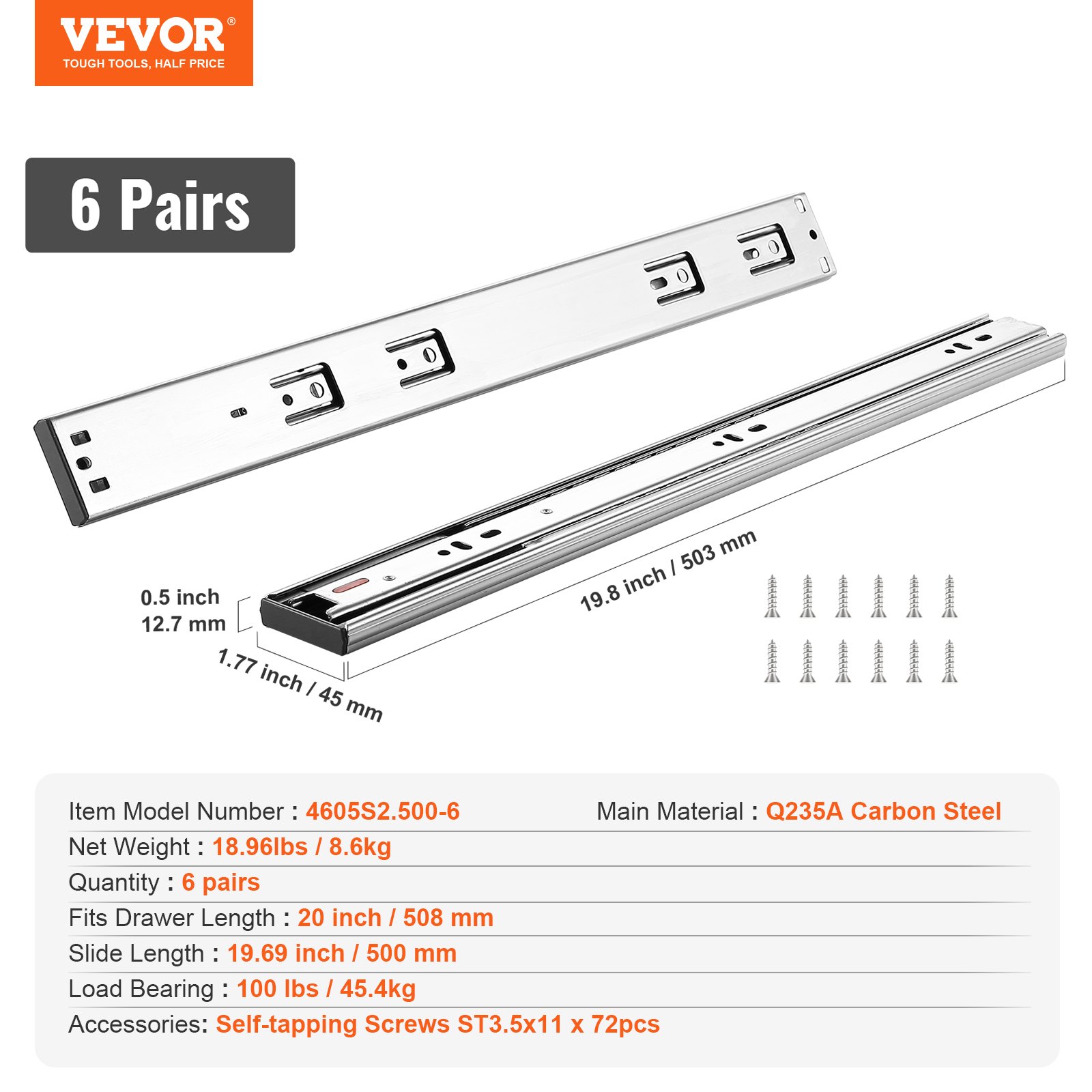 Correderas para cajones VEVOR, 6 pares, 19,8 pulgadas/503 mm, carga de 100 libras, con tornillos autorroscantes.