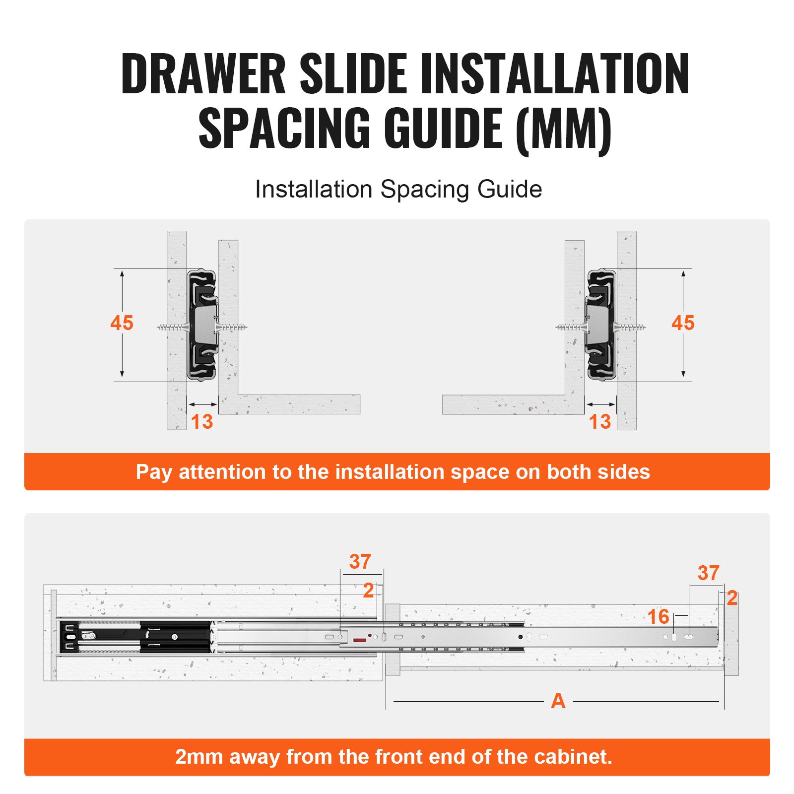 Guía de espaciado de instalación de guías para cajones VEVOR que muestra medidas e instrucciones de configuración.