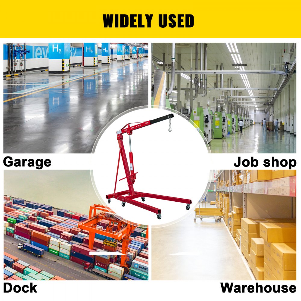 Grúa de motor plegable VEVOR, grúa de taller con capacidad de elevación de 2200 libras, elevador de motor hidráulico de 1 tonelada, recogedor de cerezas con pluma y patas telescópicas, grúa de taller plegable de acero para trabajo pesado, grúa de motor manual