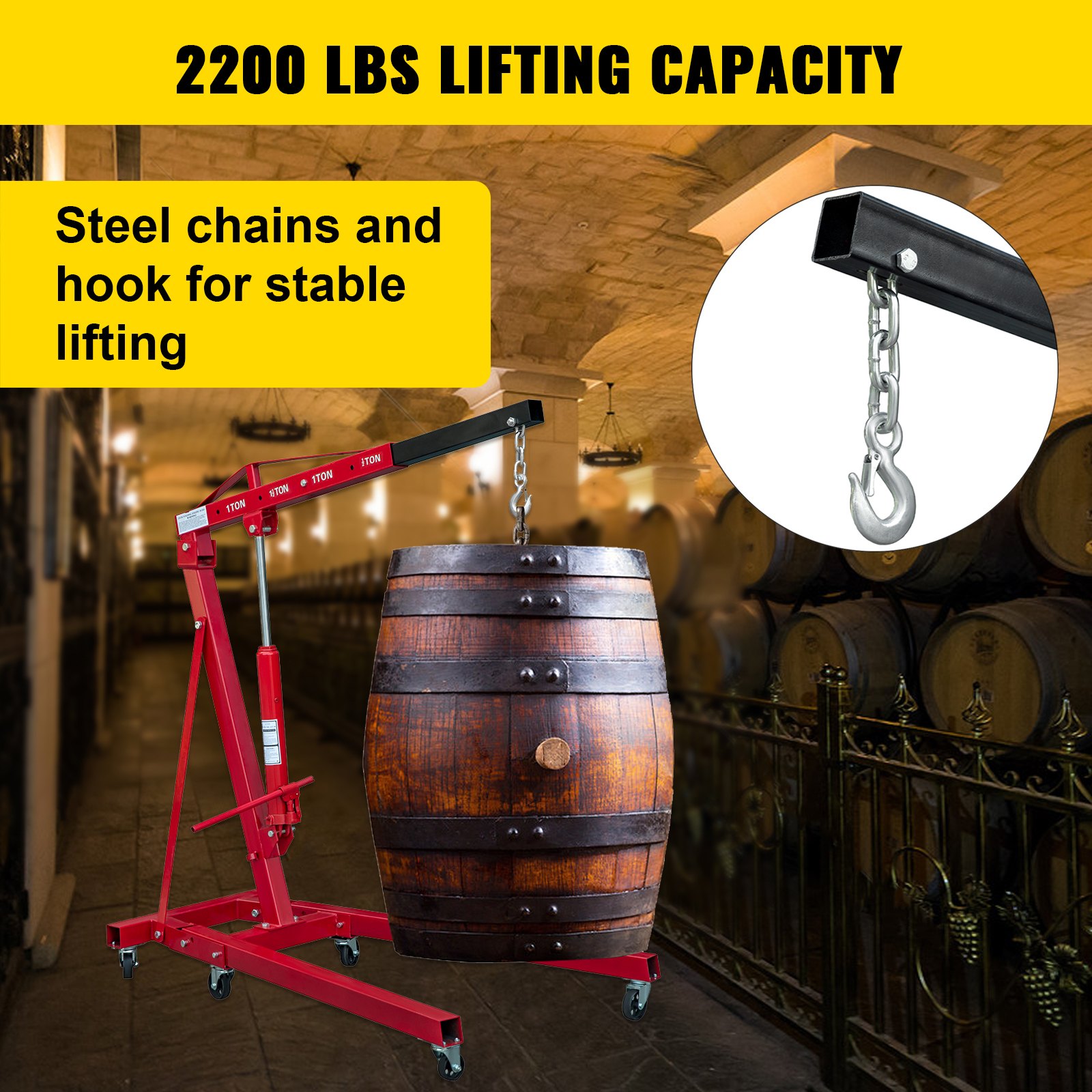 Grúa de motor plegable VEVOR, grúa de taller con capacidad de elevación de 2200 libras, elevador de motor hidráulico de 1 tonelada, recogedor de cerezas con pluma y patas telescópicas, grúa de taller plegable de acero para trabajo pesado, grúa de motor manual