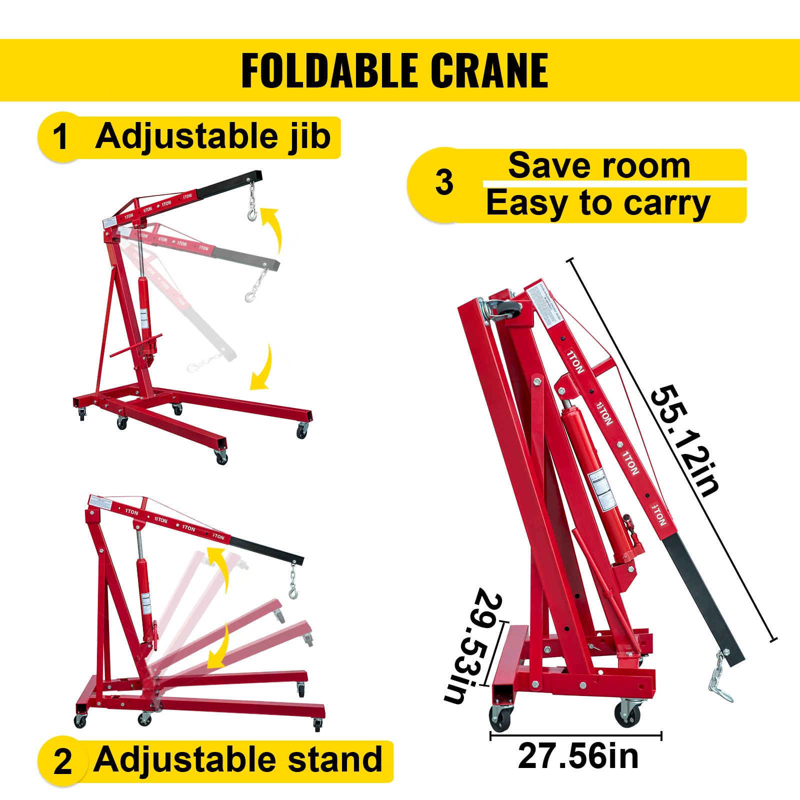 Grúa de motor plegable VEVOR, grúa de taller con capacidad de elevación de 2200 libras, elevador de motor hidráulico de 1 tonelada, recogedor de cerezas con pluma y patas telescópicas, grúa de taller plegable de acero para trabajo pesado, grúa de motor manual