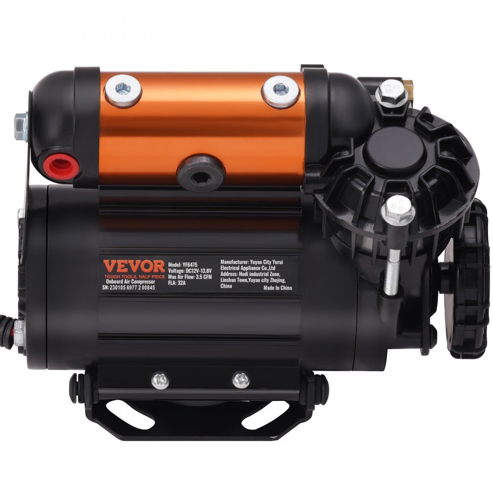 Kit de compresor de aire a bordo VEVOR con piezas negras y naranjas y detalles de hardware destacados.
