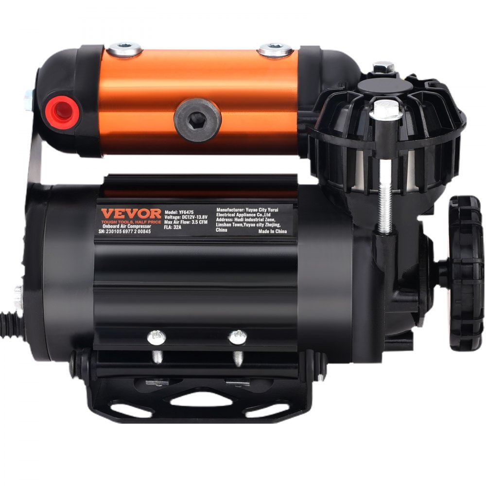 Kit de compresor de aire de a bordo VEVOR con cilindros dobles, diseño negro y naranja, compacto y portátil.