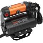 Kit de compresor de aire a bordo VEVOR con un diseño compacto en color negro y naranja con etiquetado detallado.