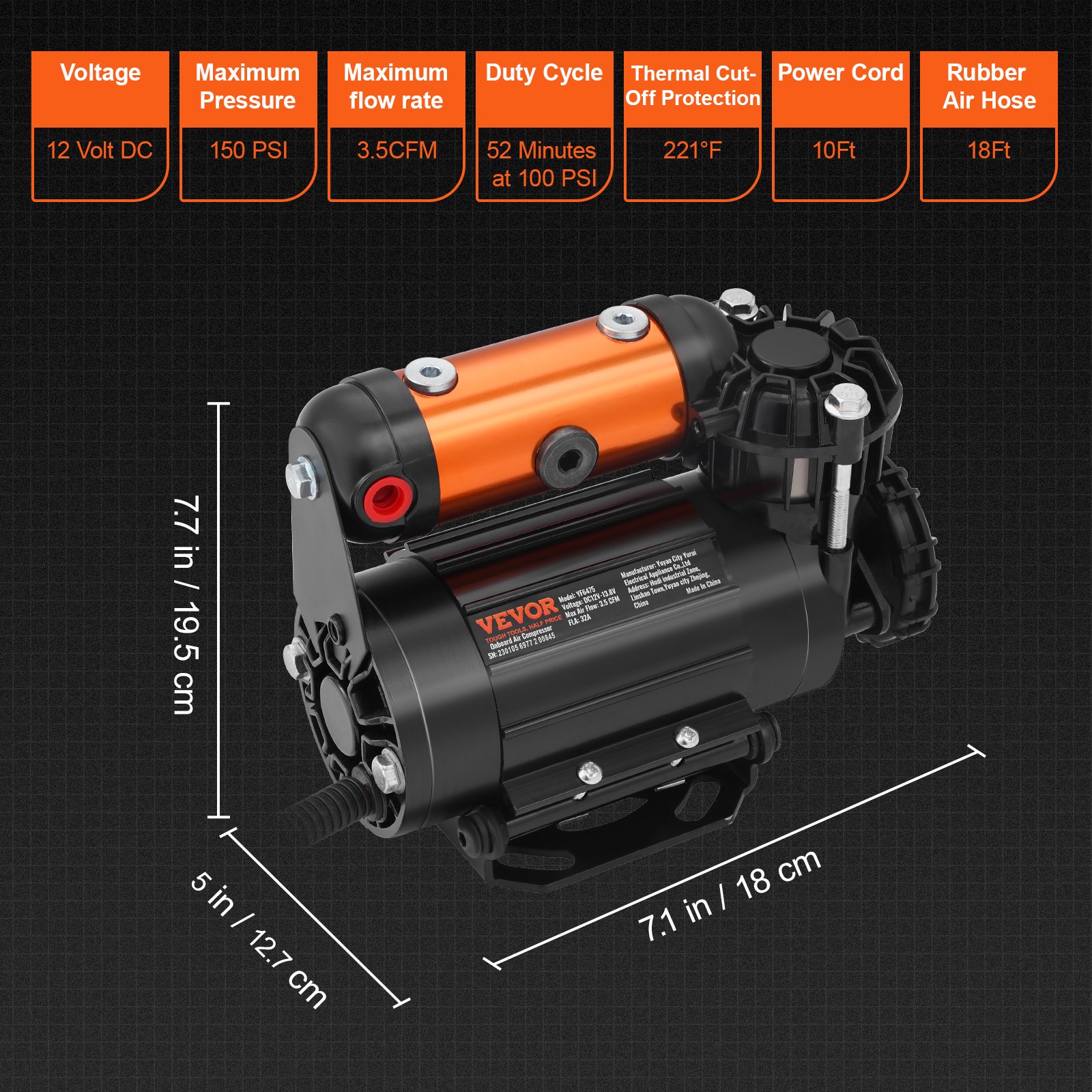 Kit de compresor de aire a bordo VEVOR, 150 psi, 3,5 cfm, 12 V CC, cable de alimentación de 10 pies, manguera de aire de goma de 18 pies.
