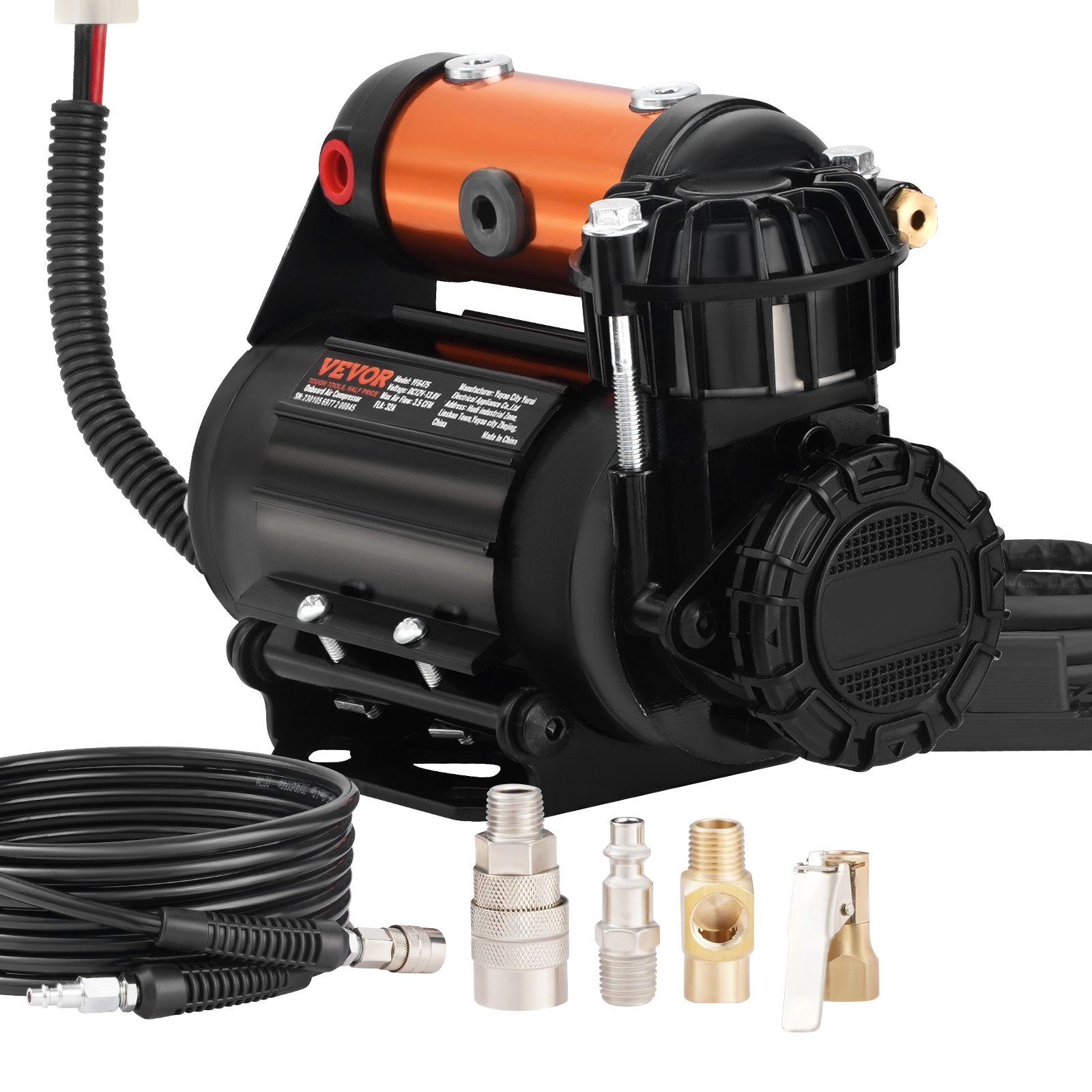 Kit de compresor de aire a bordo VEVOR con accesorios que incluyen manguera y accesorios. Unidad negra y naranja.