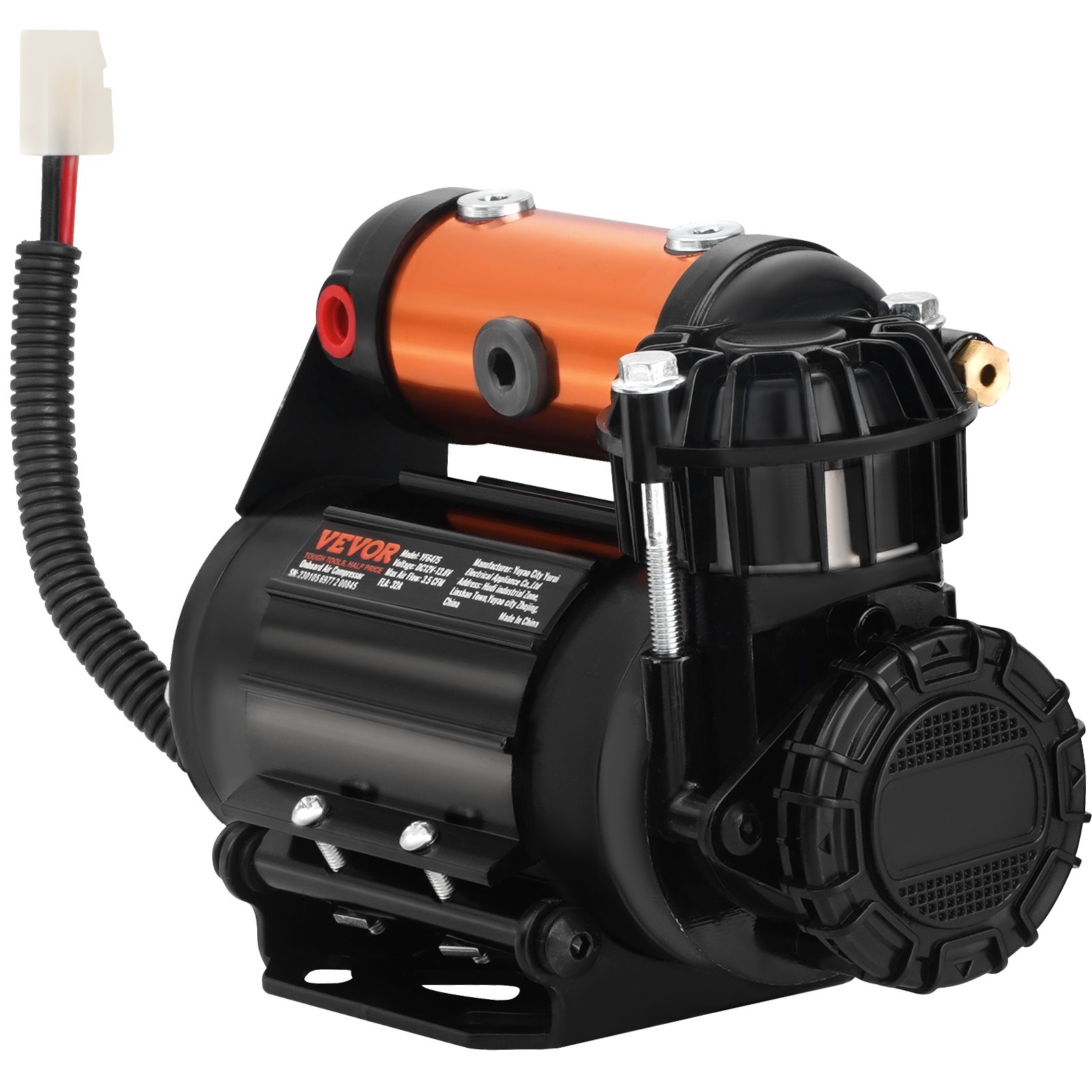Kit de compresor de aire a bordo VEVOR con detalles en naranja y componentes negros. Diseño compacto y potente.