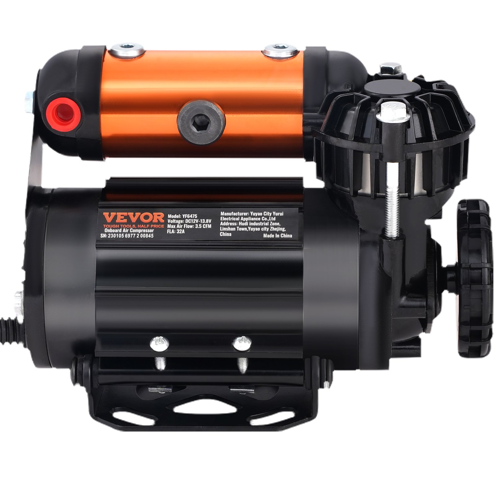Kit de compresor de aire de a bordo VEVOR con cilindros dobles, diseño negro y naranja, compacto y portátil.
