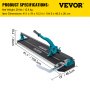 Detalles del cortador de azulejos VEVOR con mango, dimensiones y especificaciones del producto.
