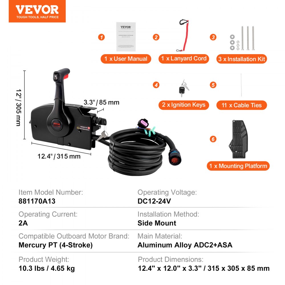 Control de acelerador de barco VEVOR, manual de usuario, cordón de amarre, kit de instalación, llaves de encendido, bridas.