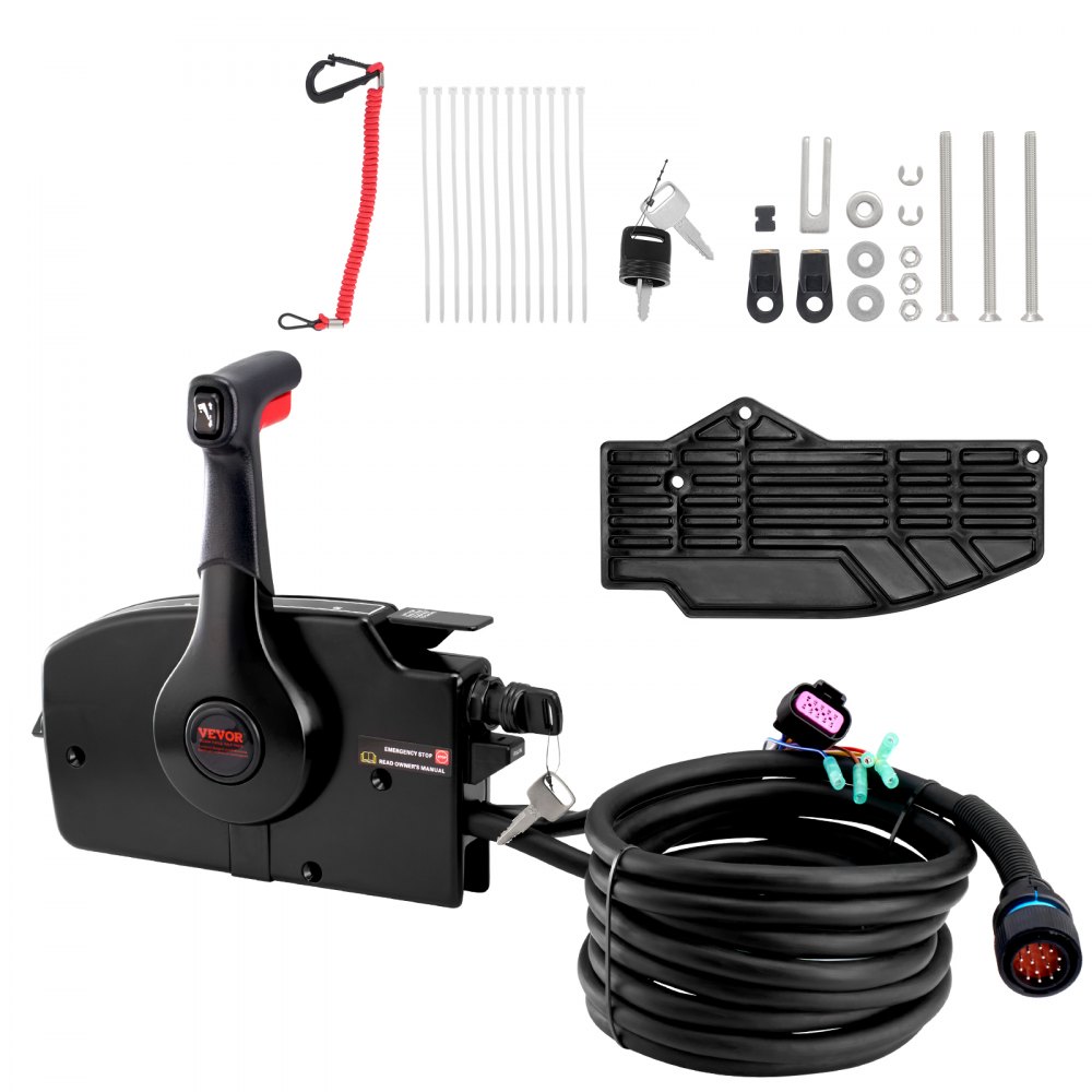 Control de acelerador de barco VEVOR con accesorios que incluyen cables, llaves, hardware y correa de seguridad.