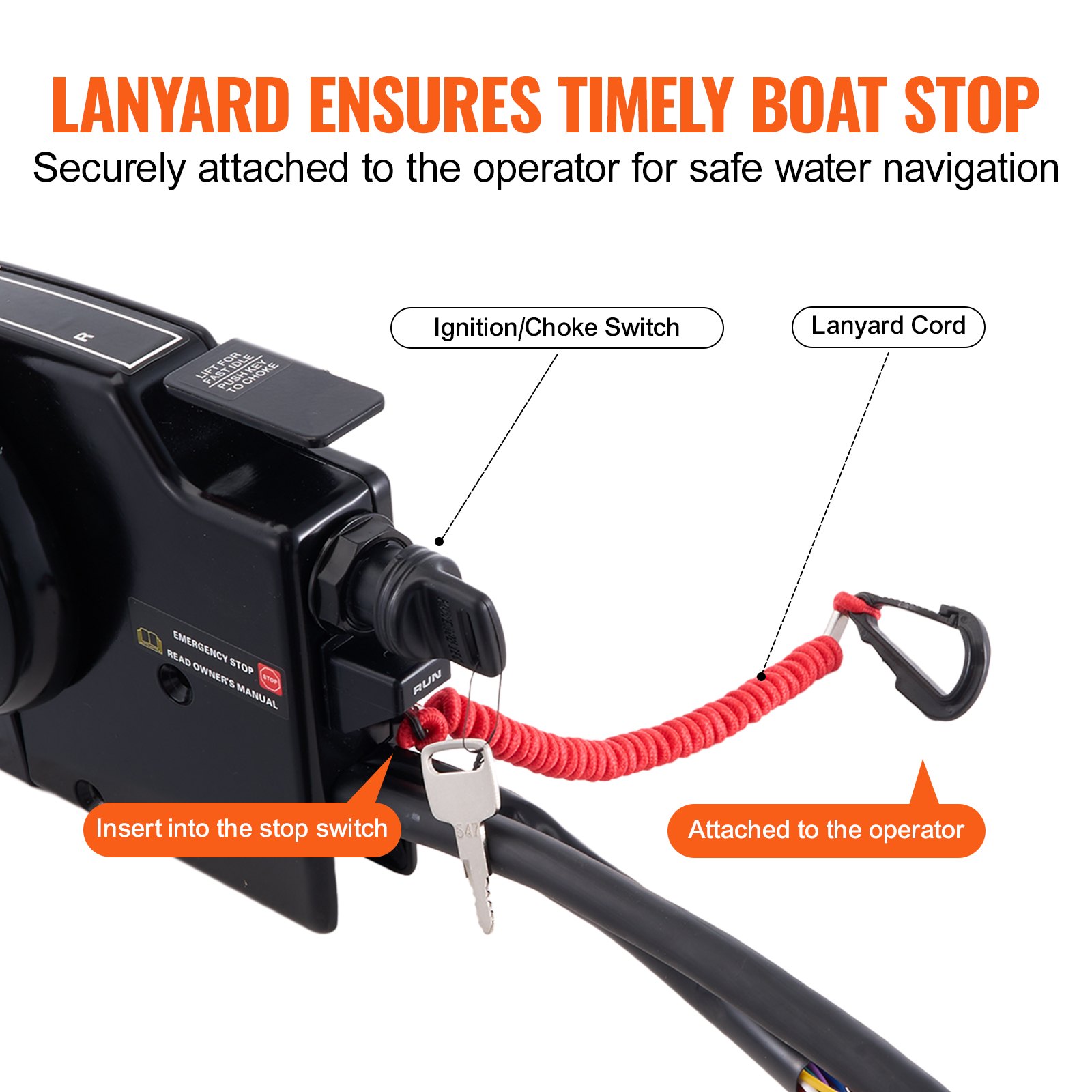 Control de acelerador de embarcación VEVOR con cordón de seguridad, interruptor de encendido/estrangulador y llave de parada de emergencia.